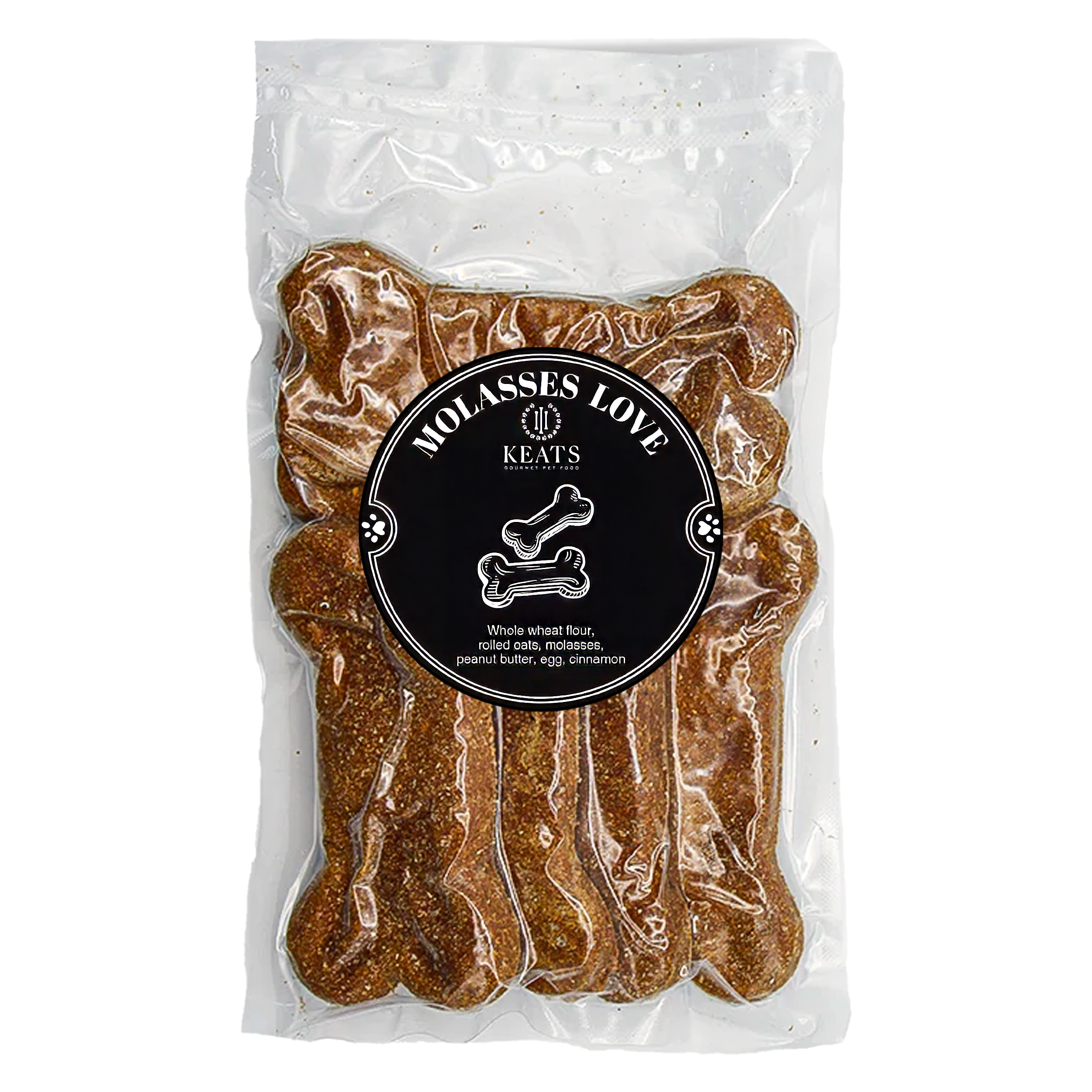 Package of KEATS Gourmet Pet Food with a black label Molasses Love on a white background