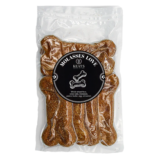 Package of KEATS Gourmet Pet Food with a black label Molasses Love on a white background