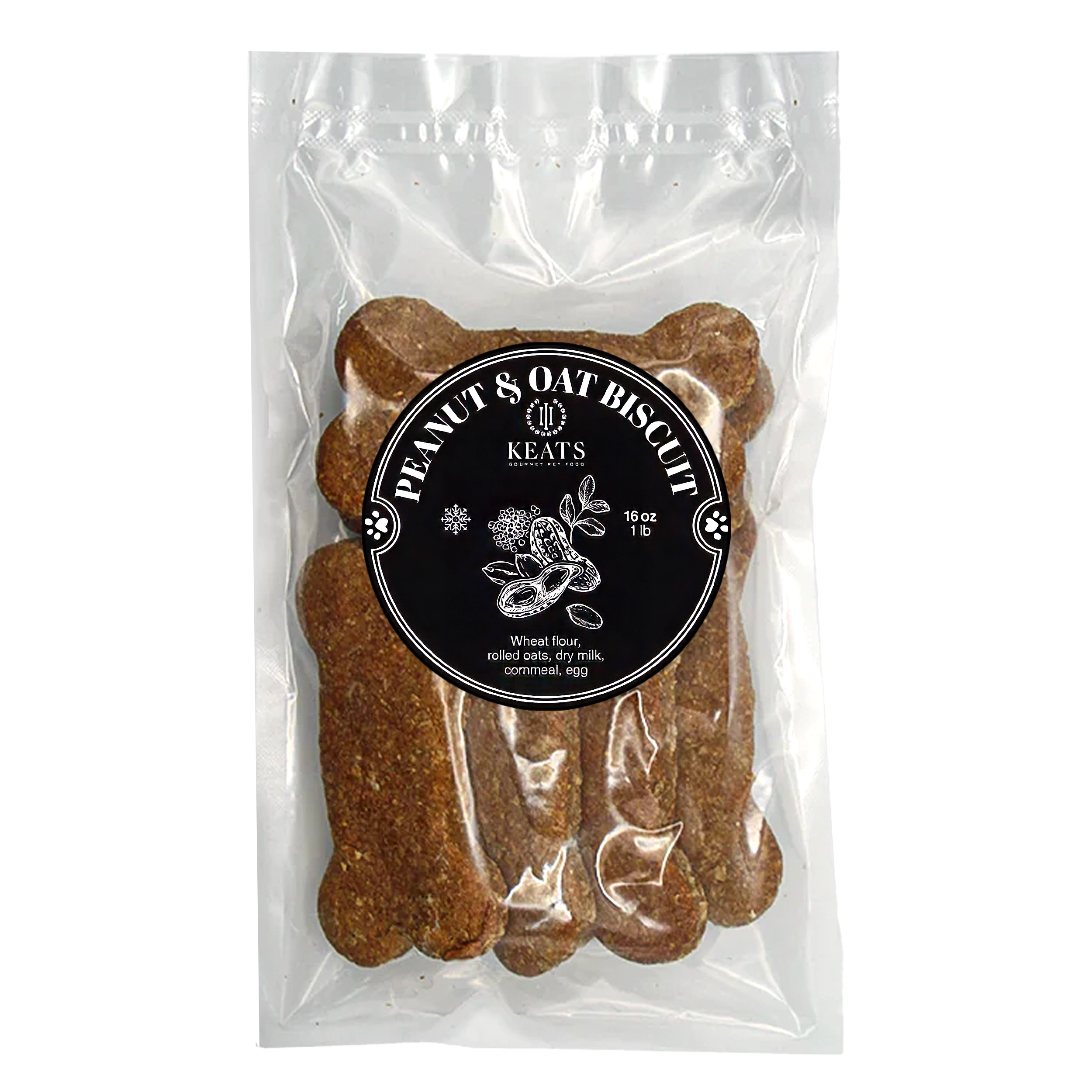 Package of Keats Peanut & Oat Biscuit pet food on a white background