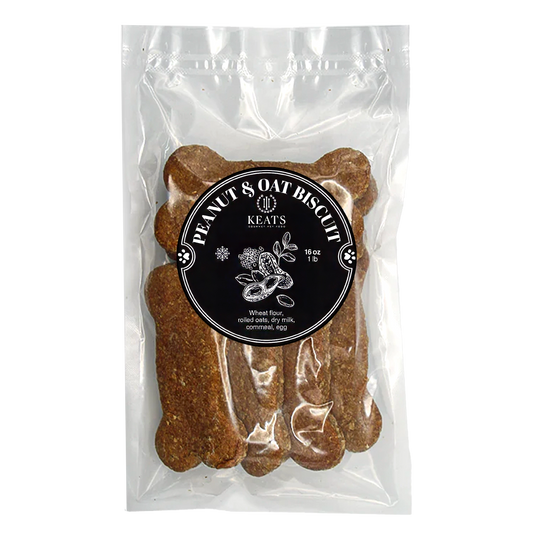 Package of Keats Peanut & Oat Biscuit pet food on a white background