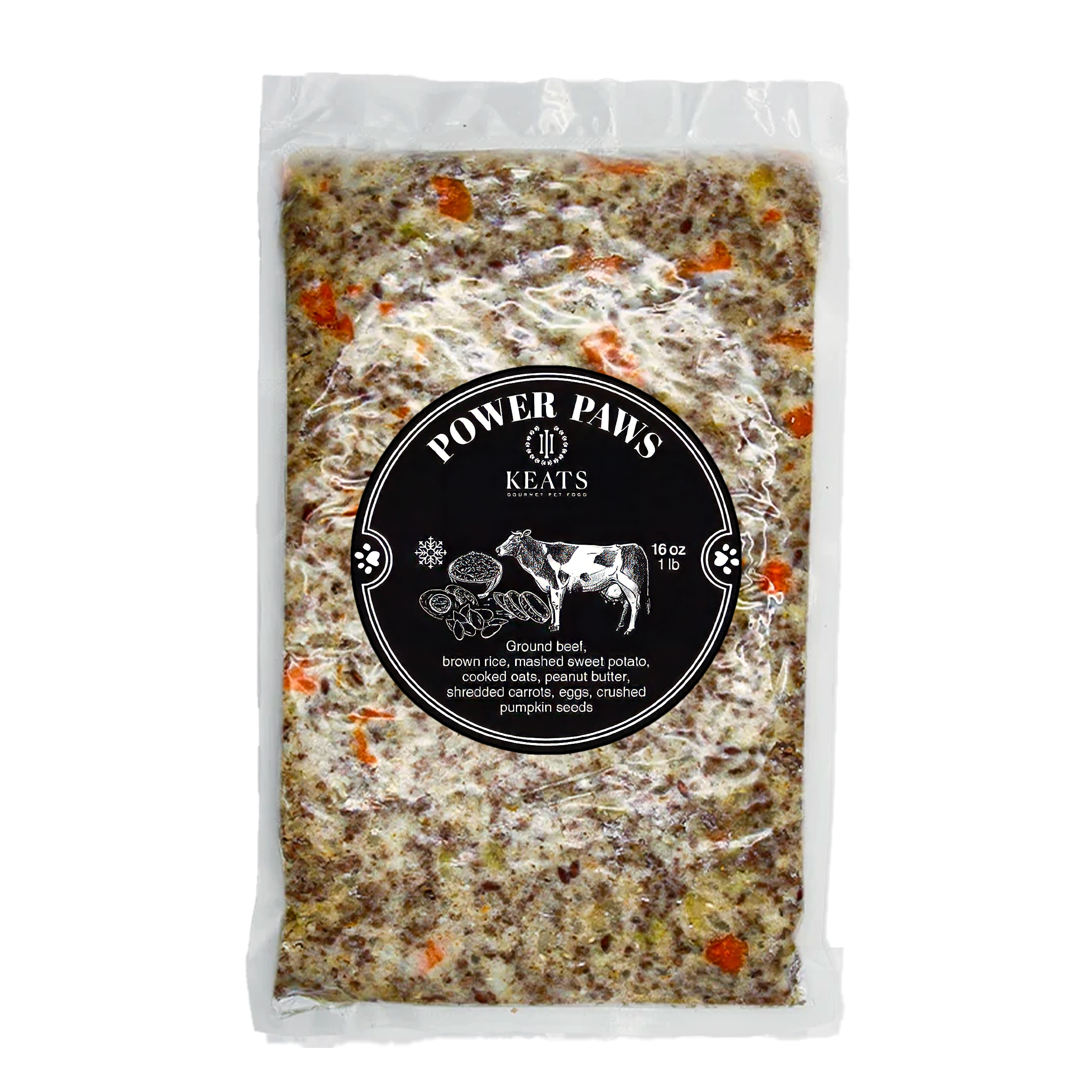 Package of Keats Gourmet Pet Food Power Paws label and product details.