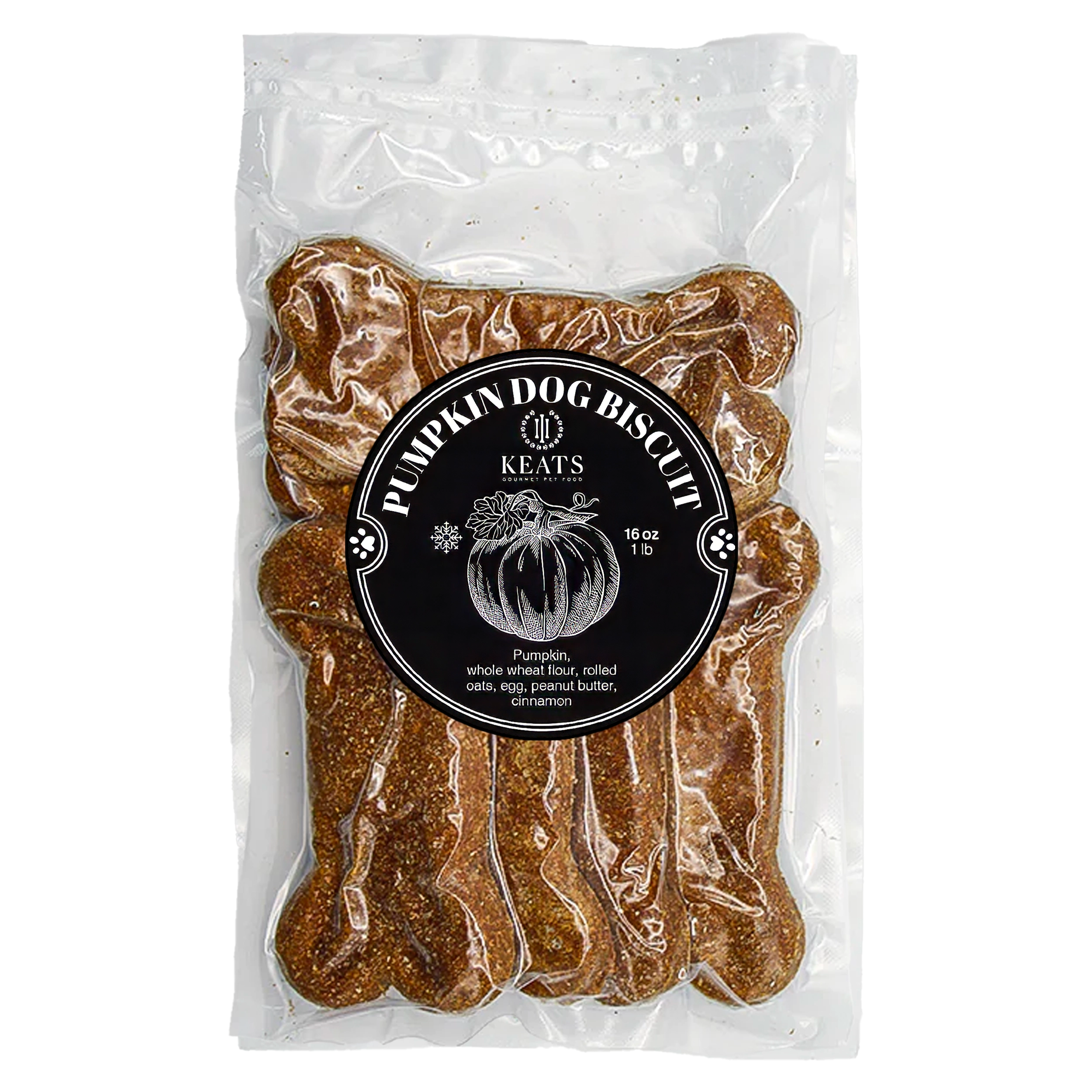 Package of Keats Pumpkin Dog Biscuits on a white background