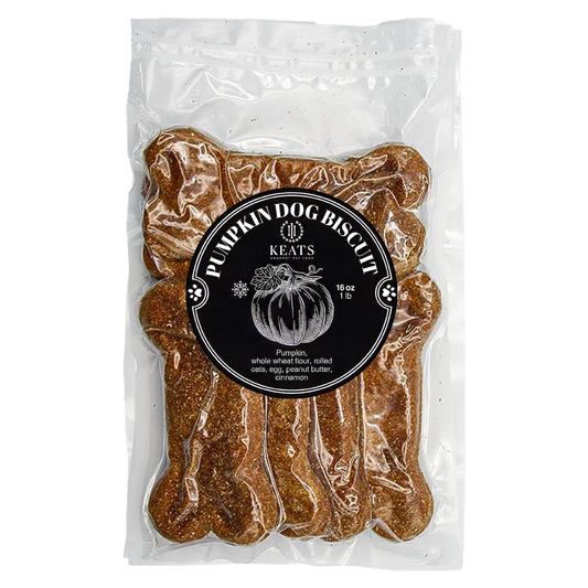 Package of Keats Pumpkin Dog Biscuits on a white background