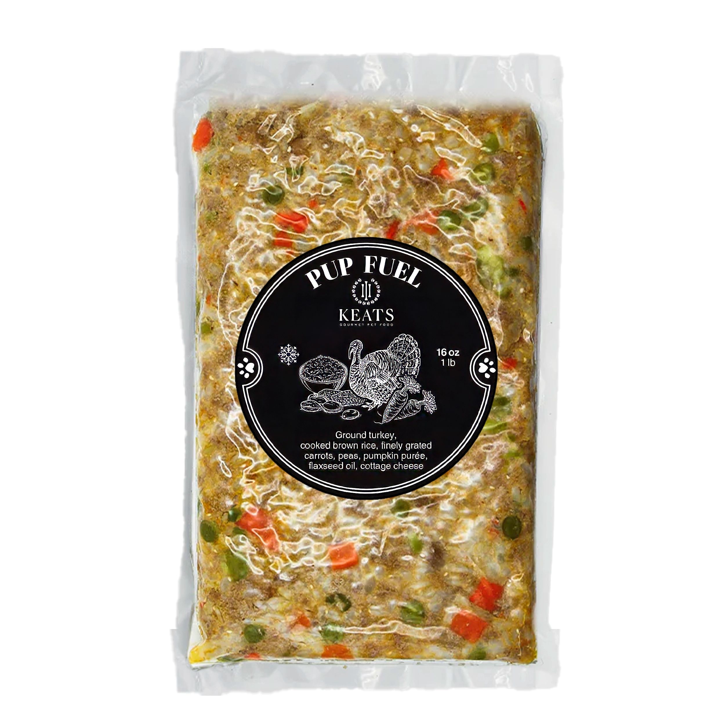 Package of Keats Gourmet Pet Food with Pup Fuel label and product details.