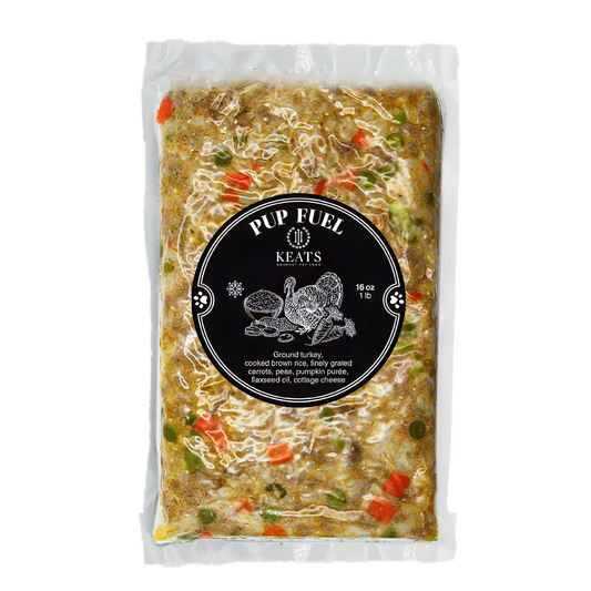 Package of Keats Gourmet Pet Food with Pup Fuel label and product details.