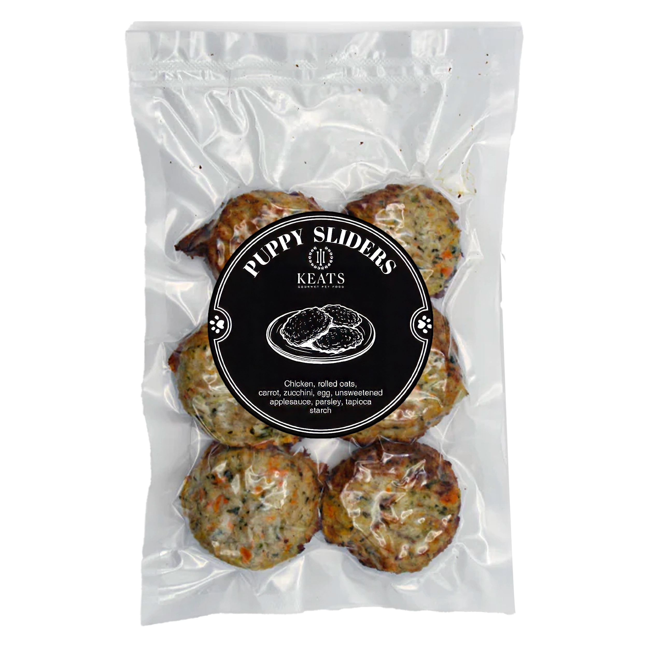 Package of Keats Gourmet Pet Food Puppy Sliders on a white background