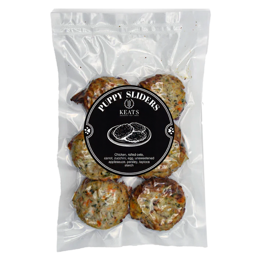 Package of Keats Gourmet Pet Food Puppy Sliders on a white background