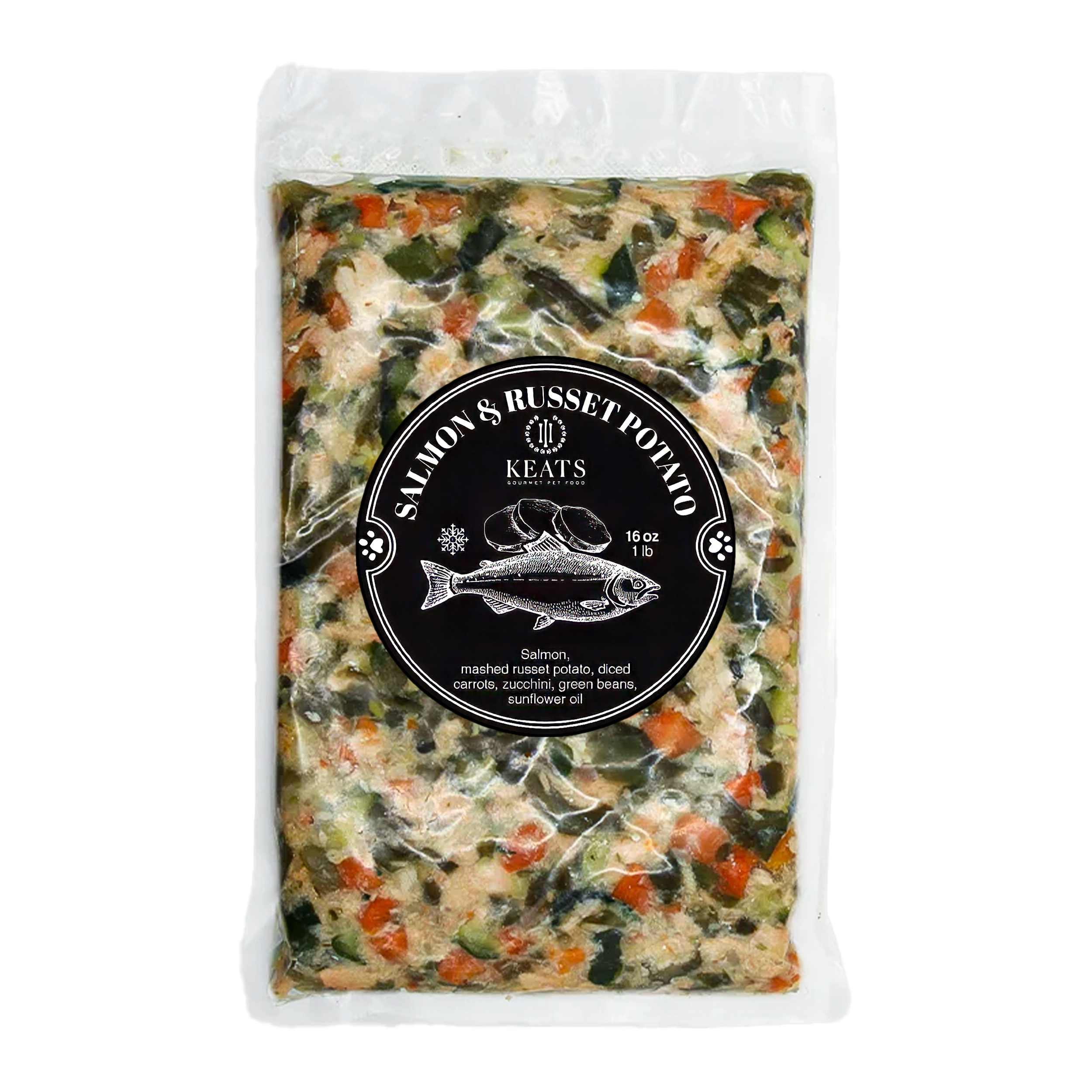 Package of Keats Gourmet Pet Food Salmon Russet Potato with visible ingredients on a white background