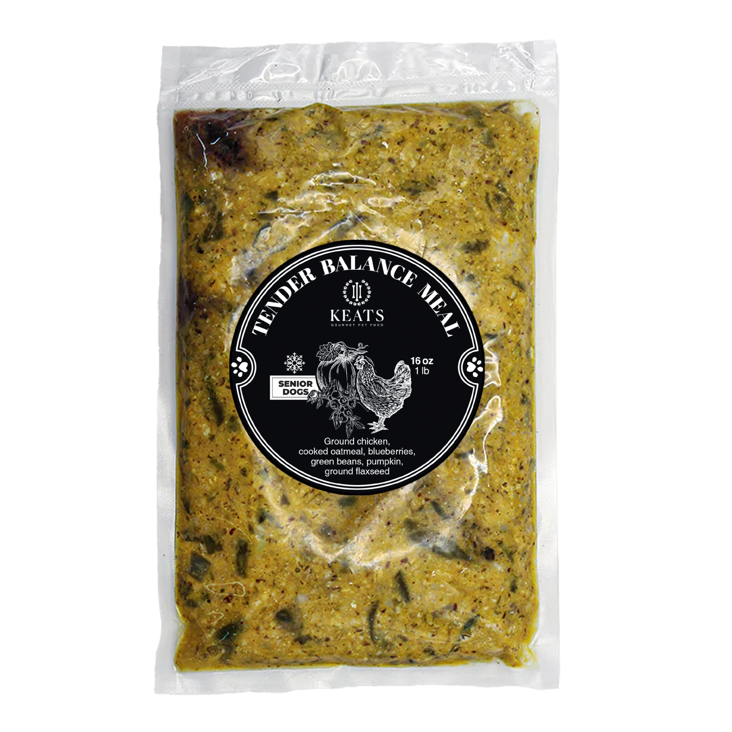 Package of Keats Gourmet Pet Food with a black label Tender Balance Meal on a white background