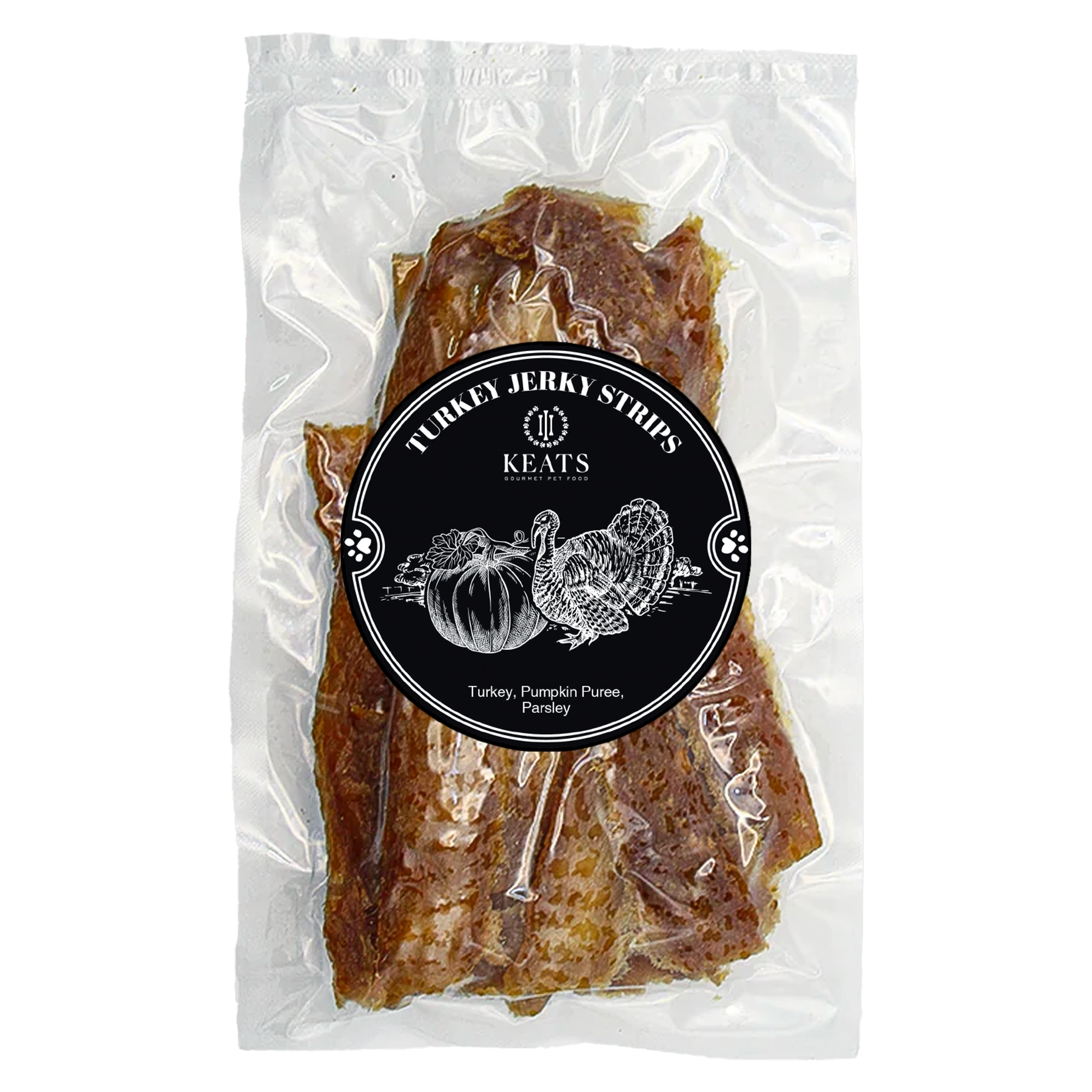 Package of KEATS Gourmet Pet Food Turkey Jerky Strips on a white background