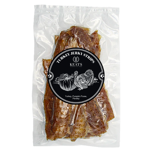 Package of KEATS Gourmet Pet Food Turkey Jerky Strips on a white background