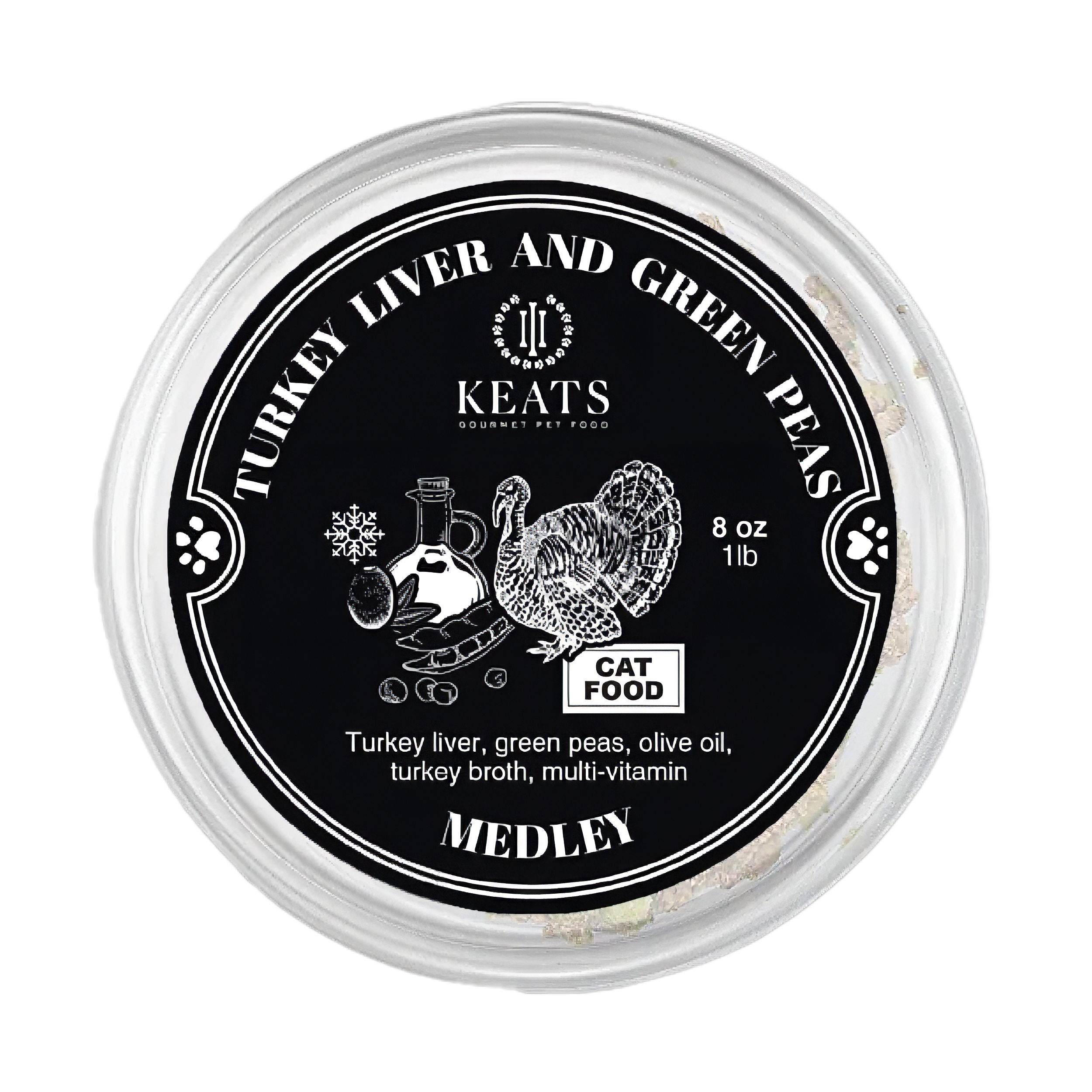 Cat food container labeled 'Turkey Liver and Green Peas' by Keat's on a white background