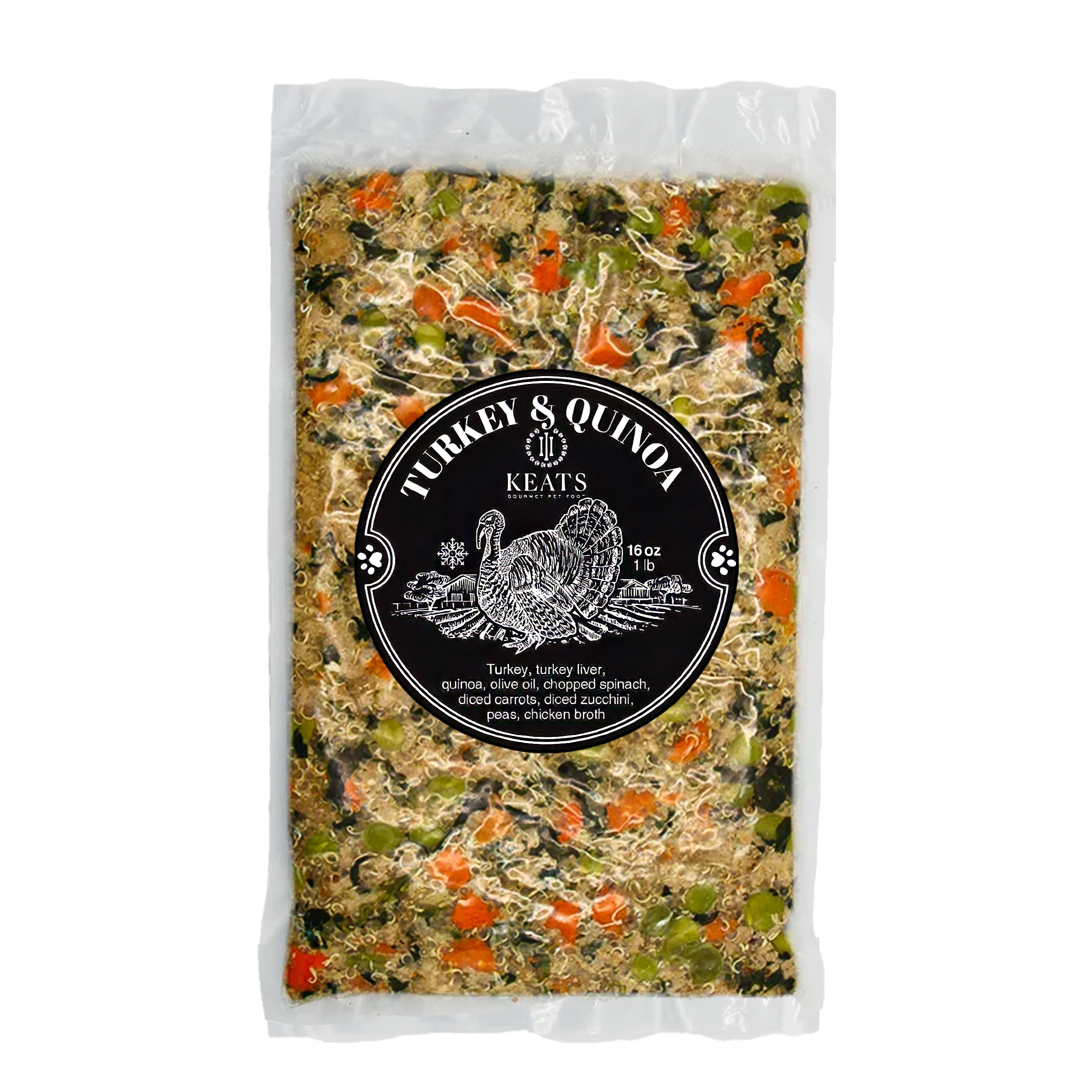 Package of Keats Gourmet Pet Food with visible label Turkey & Quinoa and branding