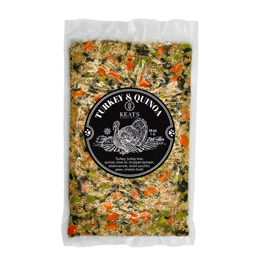 Package of Keats Gourmet Pet Food with visible label Turkey & Quinoa and branding