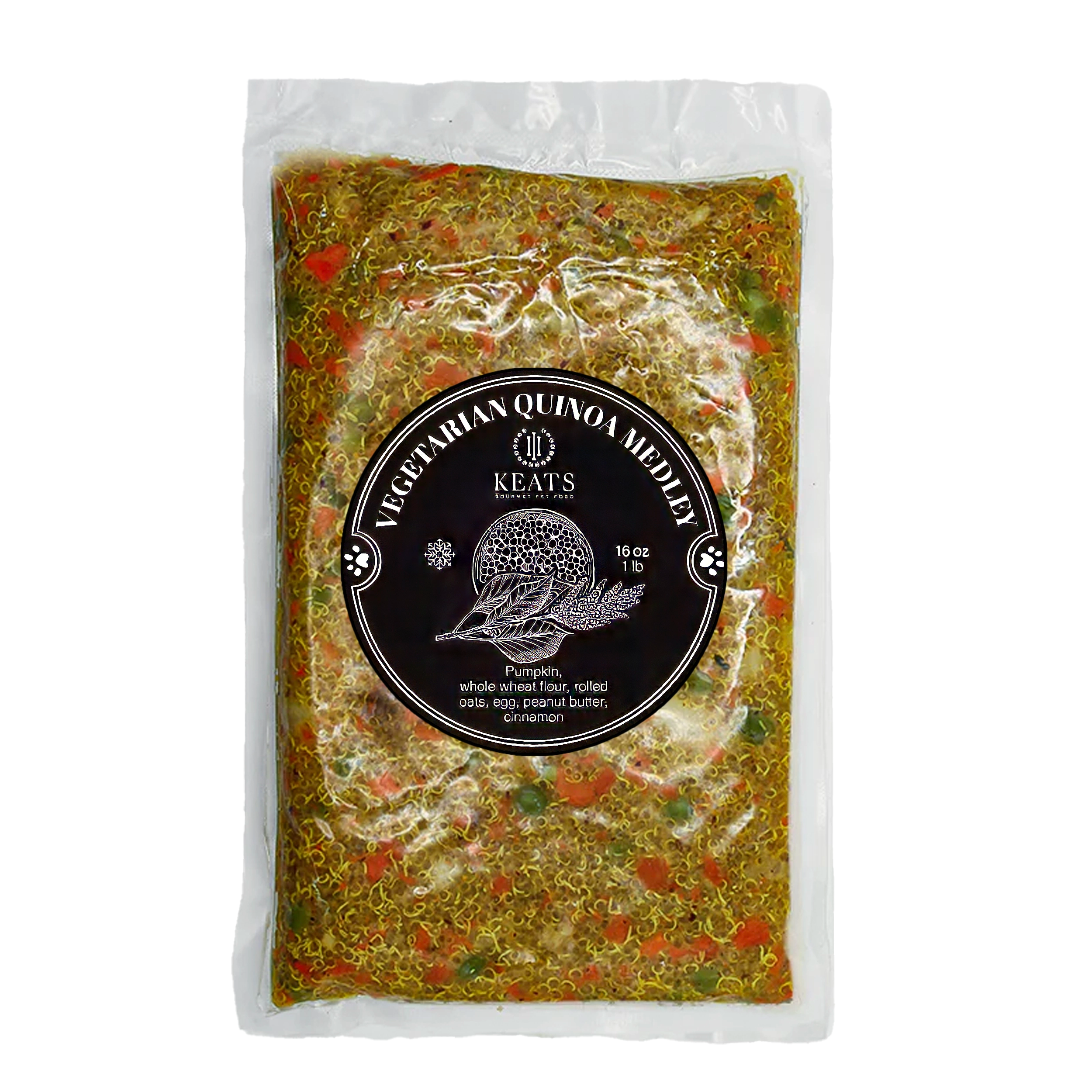 Package of KEATS Gourmet Pet Food Vegetarian Quinoa Medley on a white background