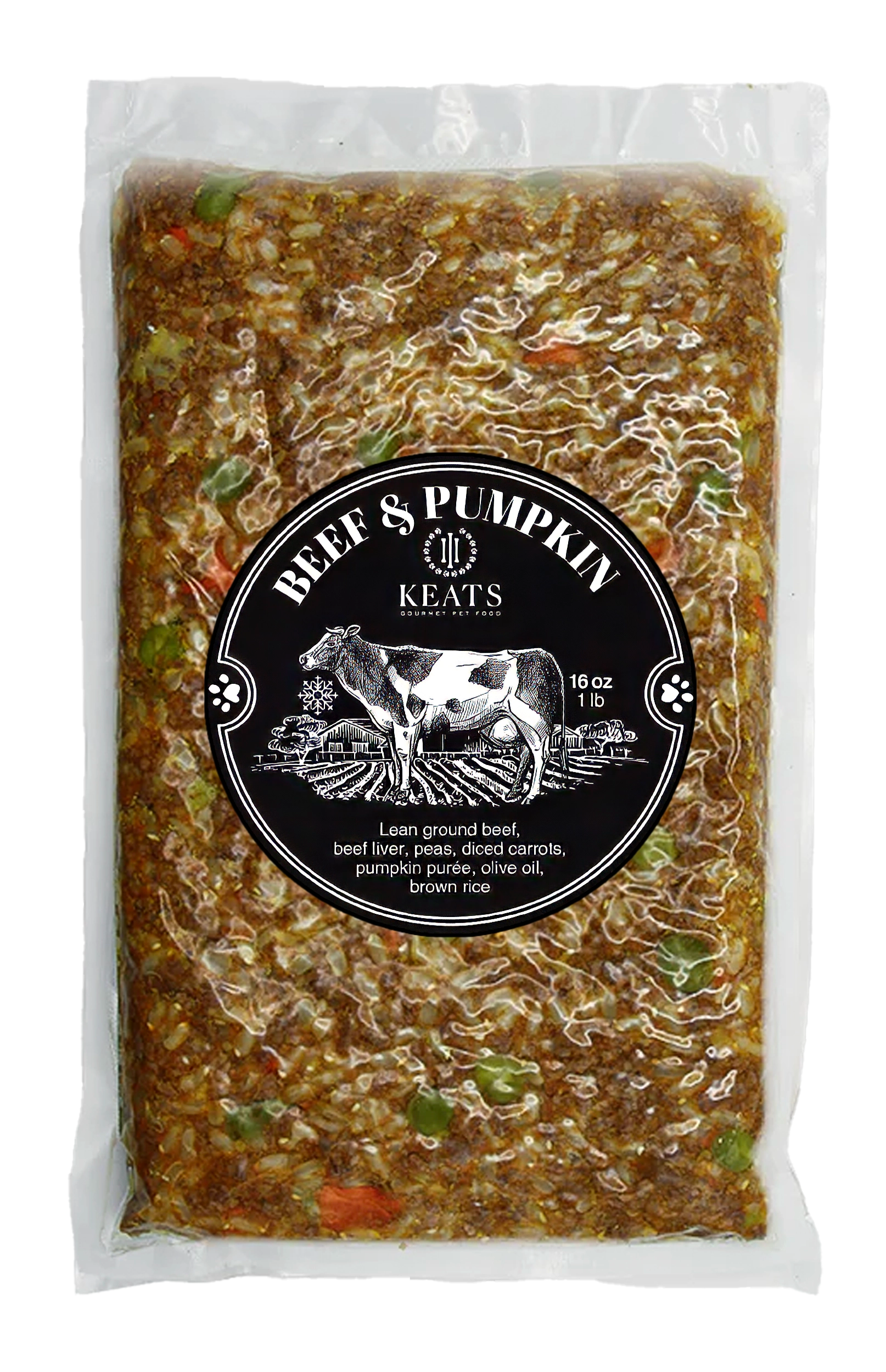 Package of Keats Gourmet Pet Food with beef and pumpkin flavor on a white background