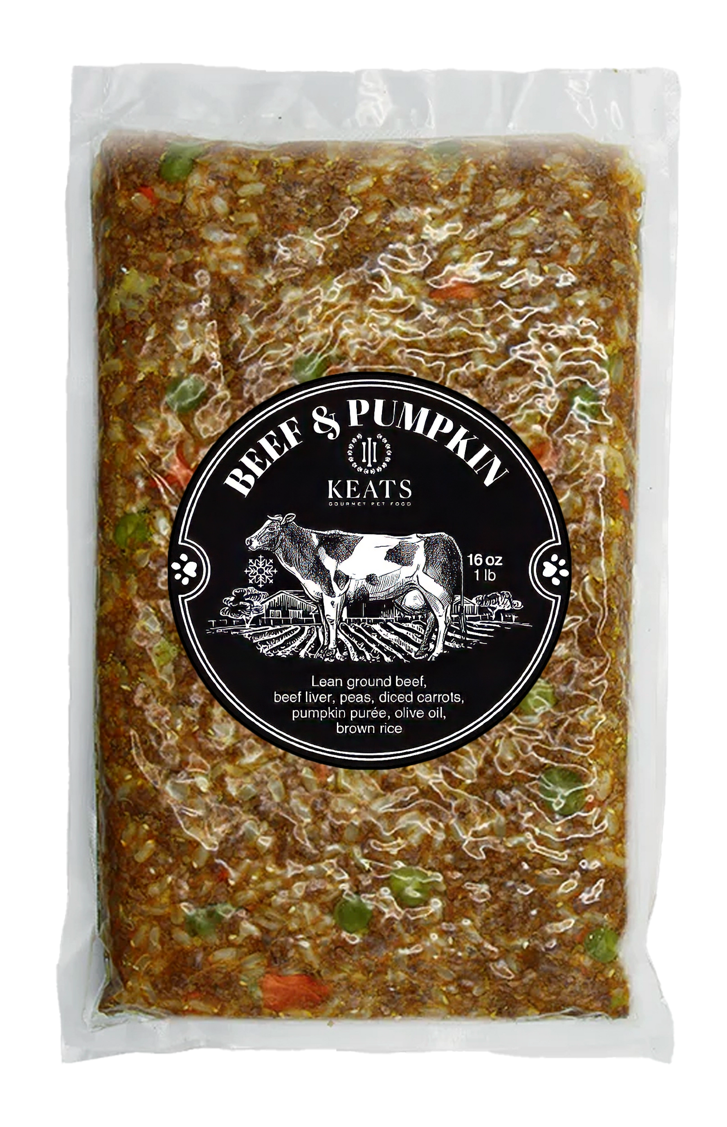Package of Keats Gourmet Pet Food with beef and pumpkin flavor on a white background