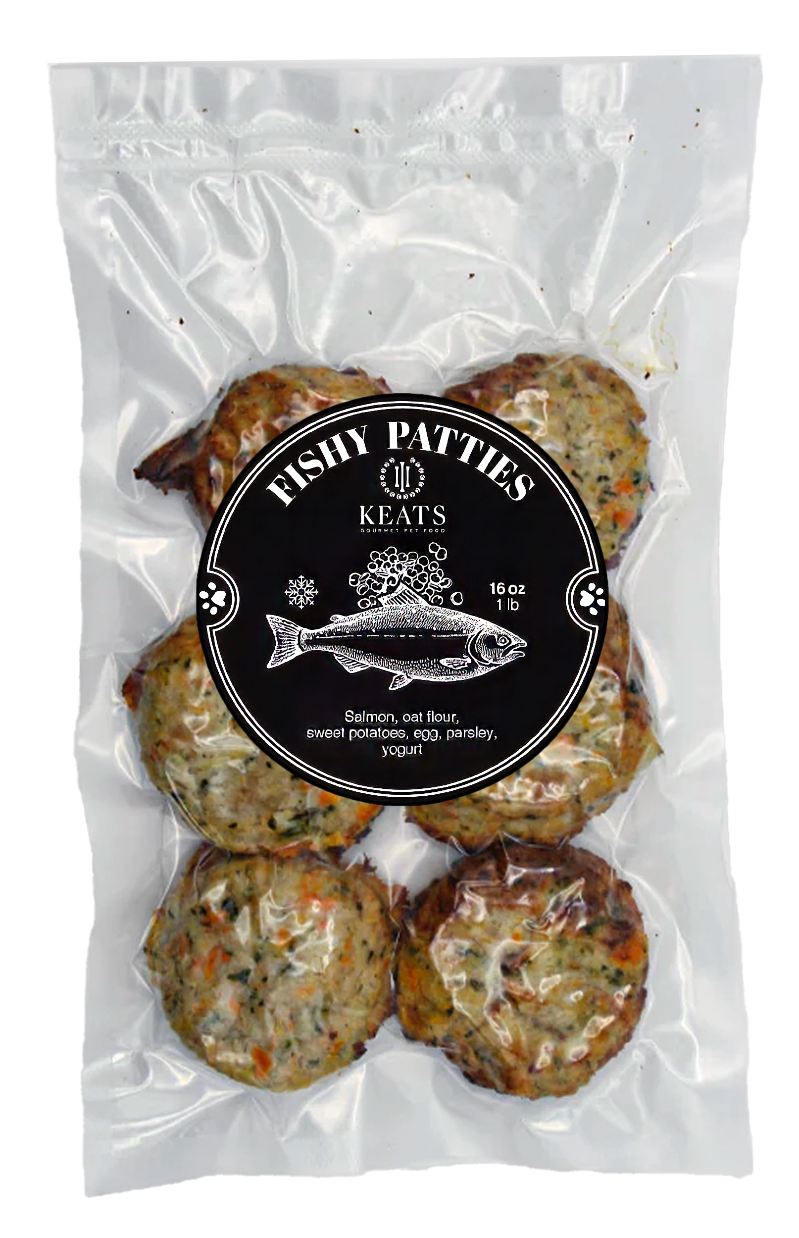 Package of Keats Gourmet Pet Food Fishy Patties on a white background