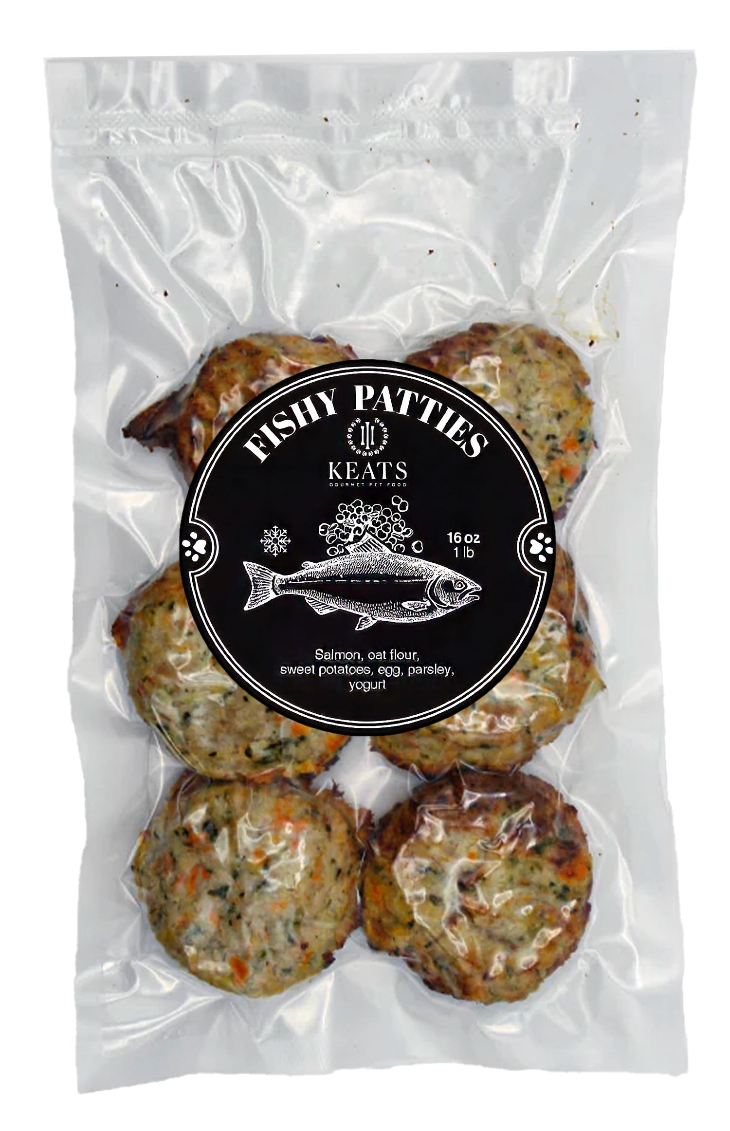 Package of Keats Gourmet Pet Food Fishy Patties on a white background
