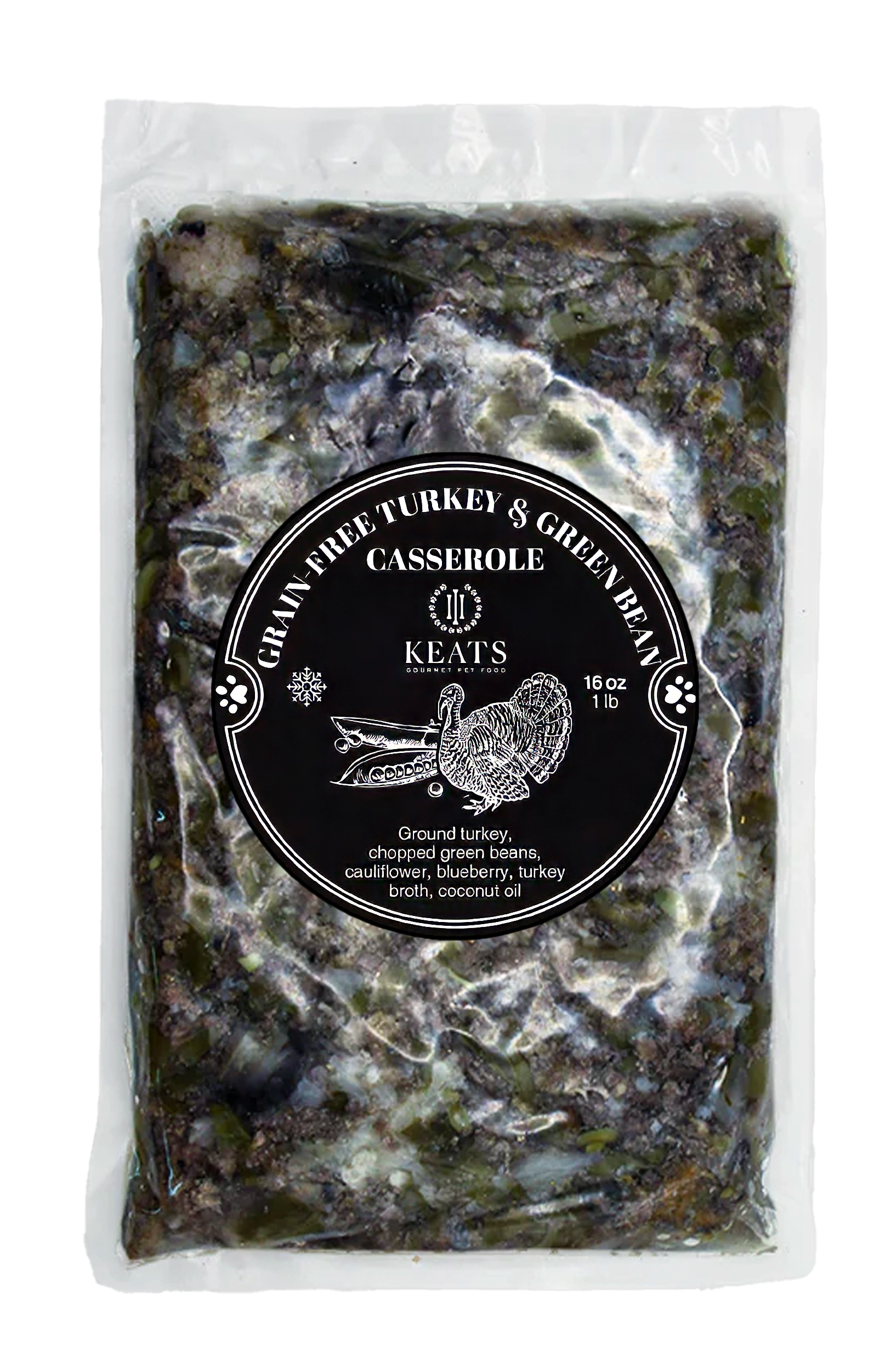 Package of Keats Gourmet Pet Food with a black label on a white background