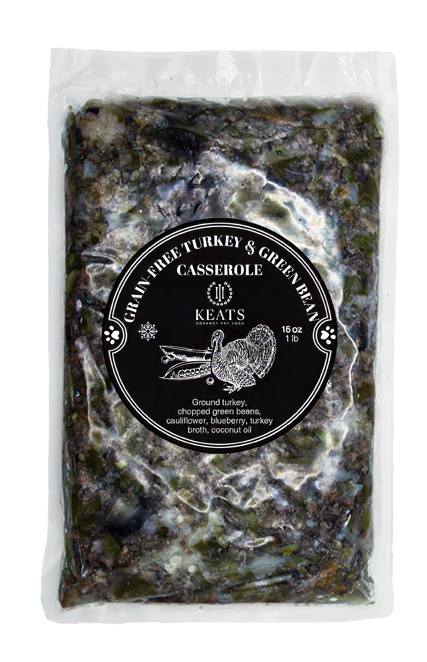 Package of Keats Gourmet Pet Food with a black label on a white background