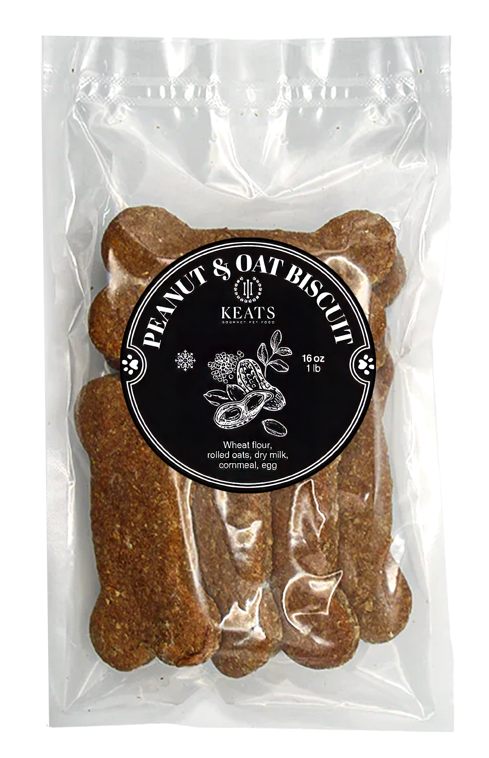 Packaging of KEATS peanut and oat biscuit pet food with visible biscuits inside.