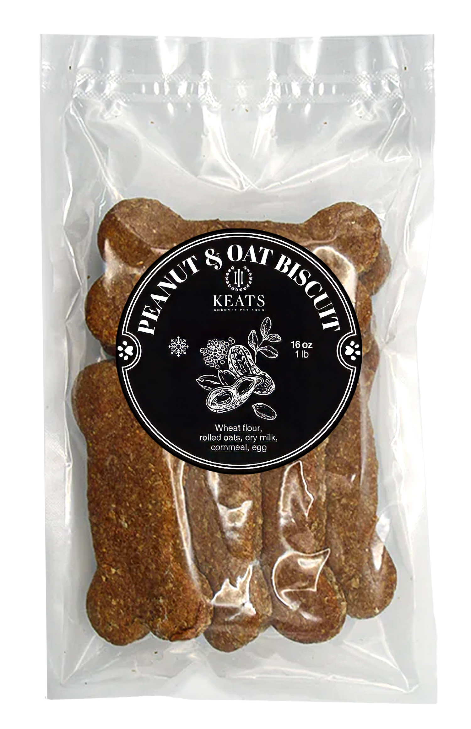 Packaging of KEATS peanut and oat biscuit pet food with visible biscuits inside.