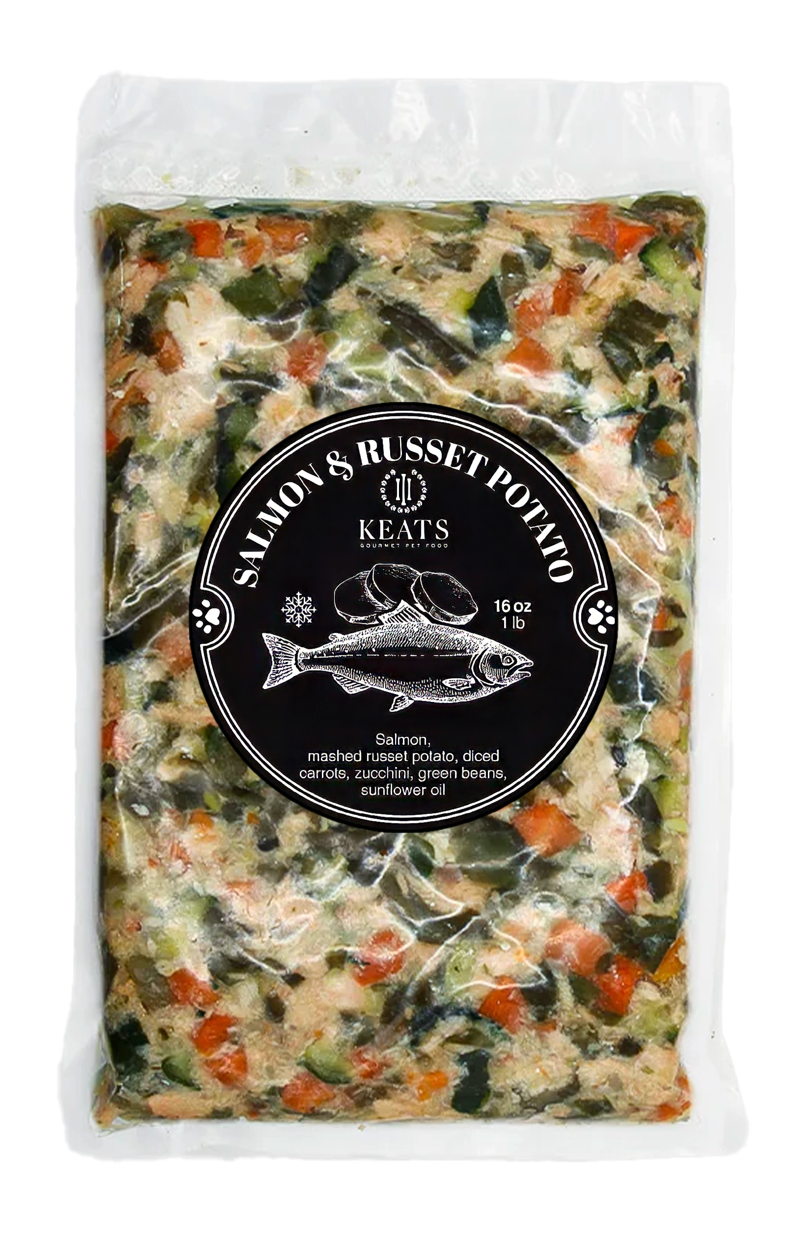 Package of Keats Gourmet Pet Food with salmon and potato visible