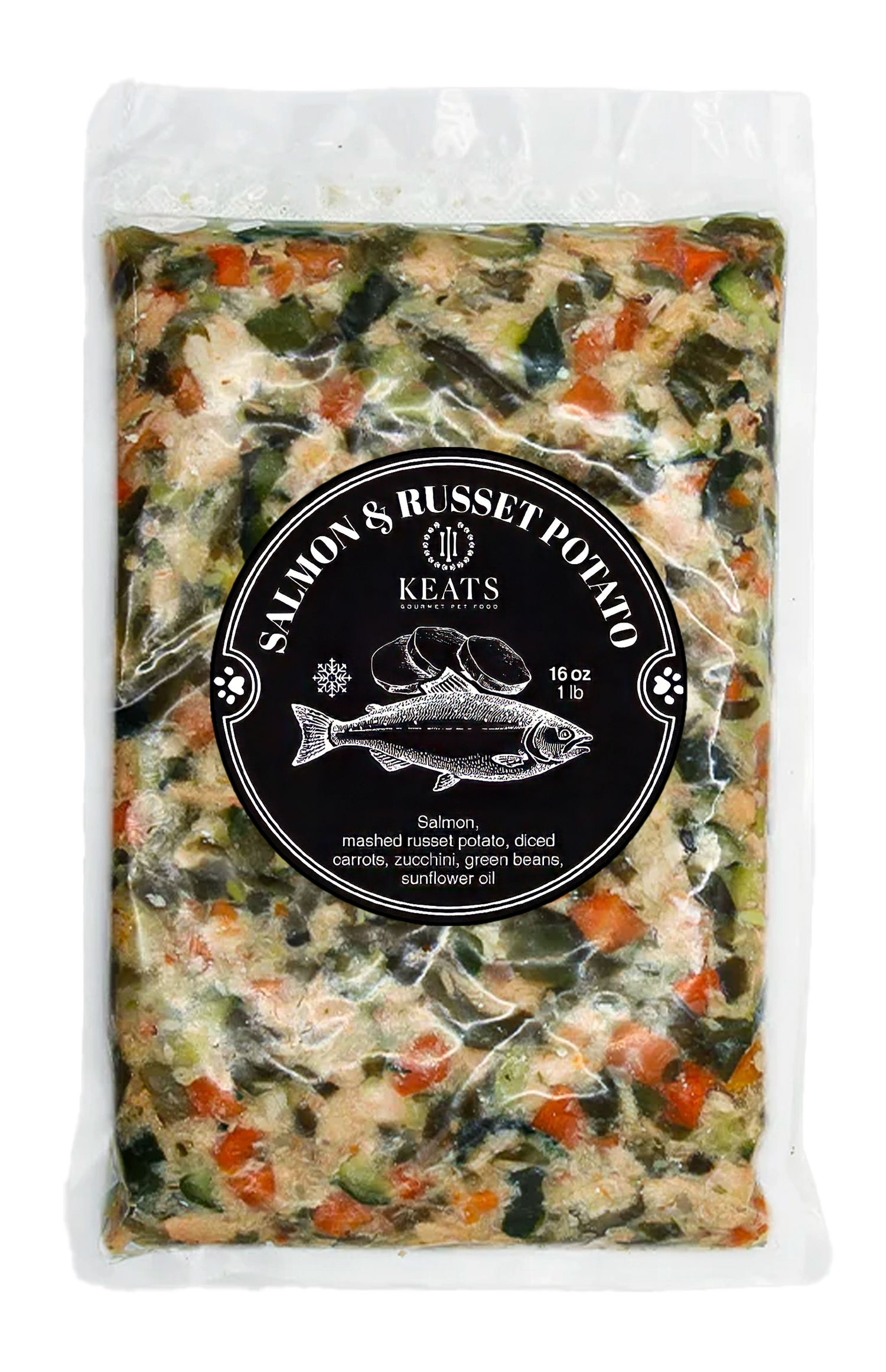 Package of Keats Gourmet Pet Food with salmon and potato visible