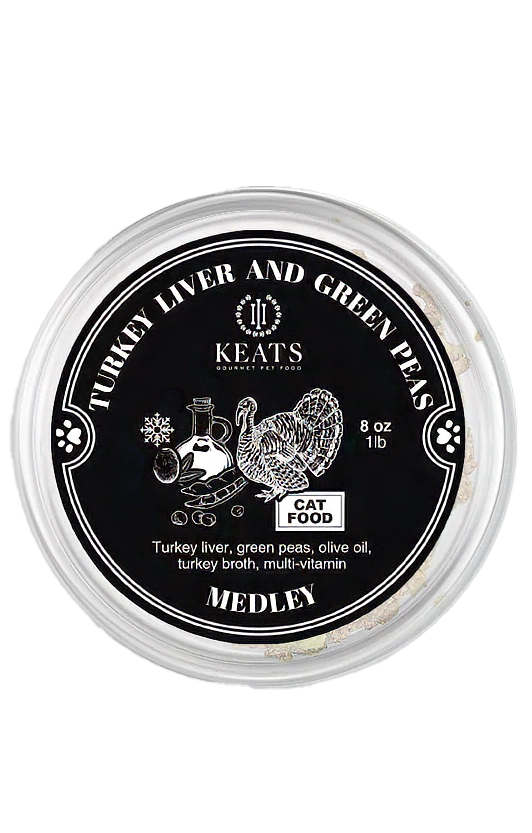 Cat food container labeled 'Turkey Liver and Green Peas' by Keats on a white background