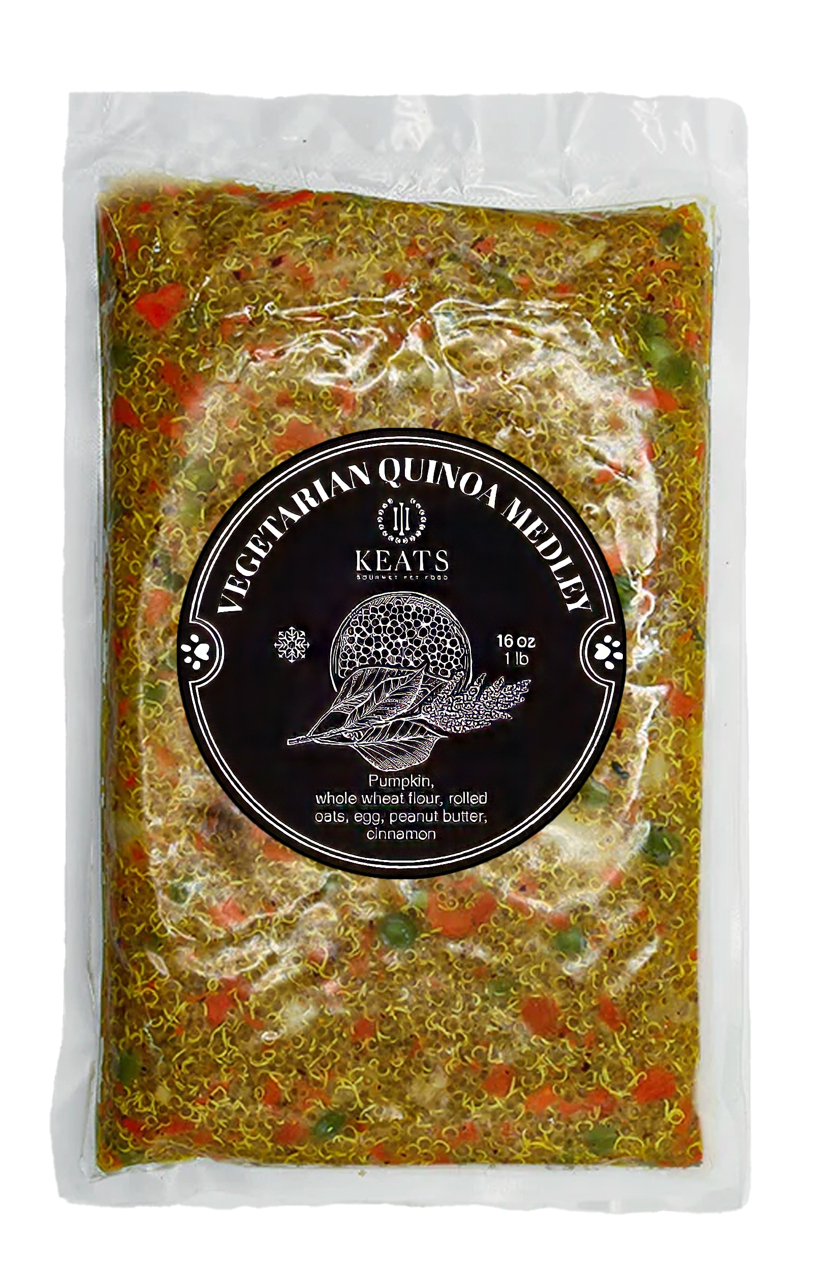 Package of KEATS Gourmet Pet Food Vegetarian Quinoa Medley on a white background