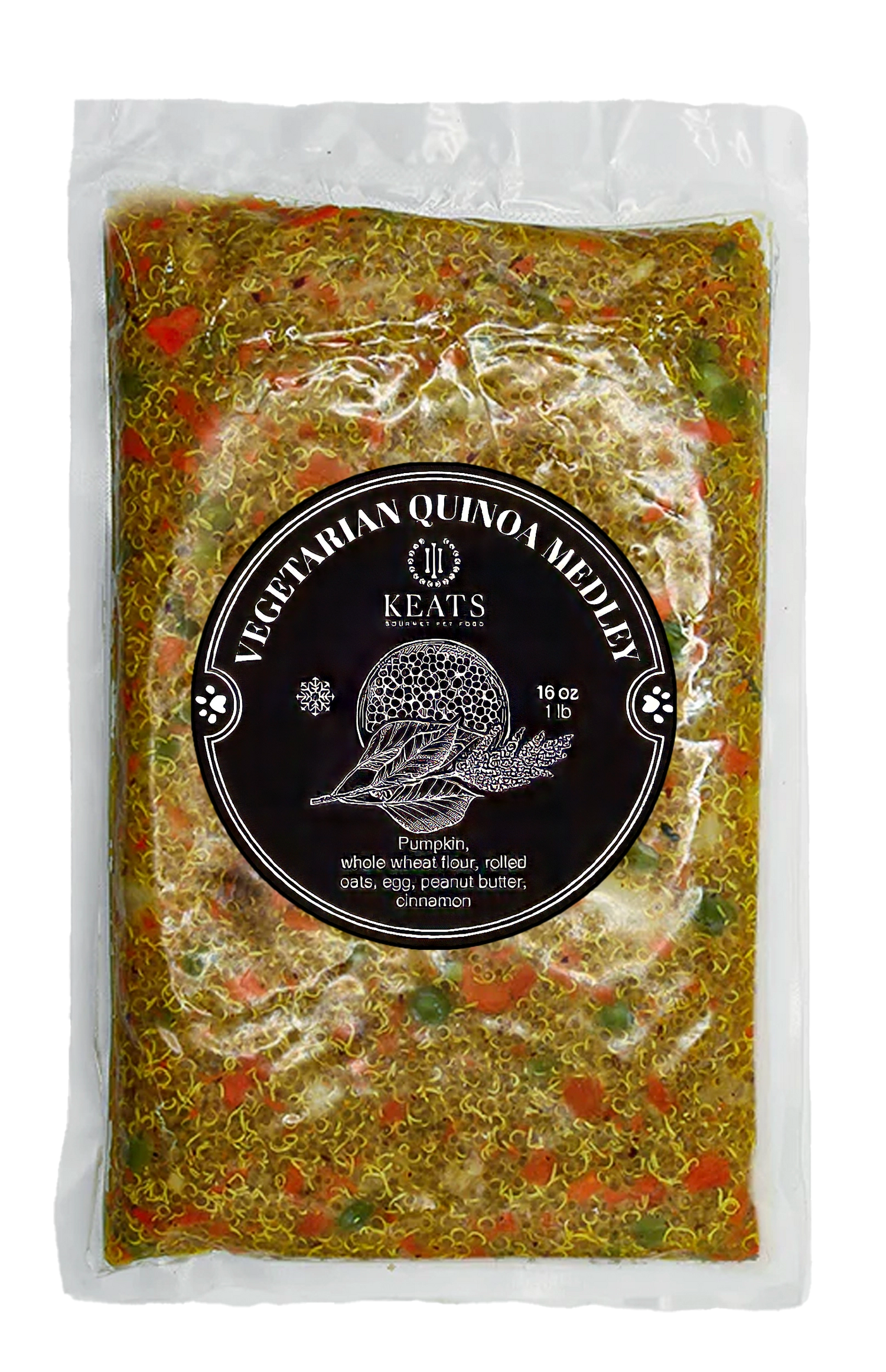 Package of KEATS Gourmet Pet Food Vegetarian Quinoa Medley on a white background