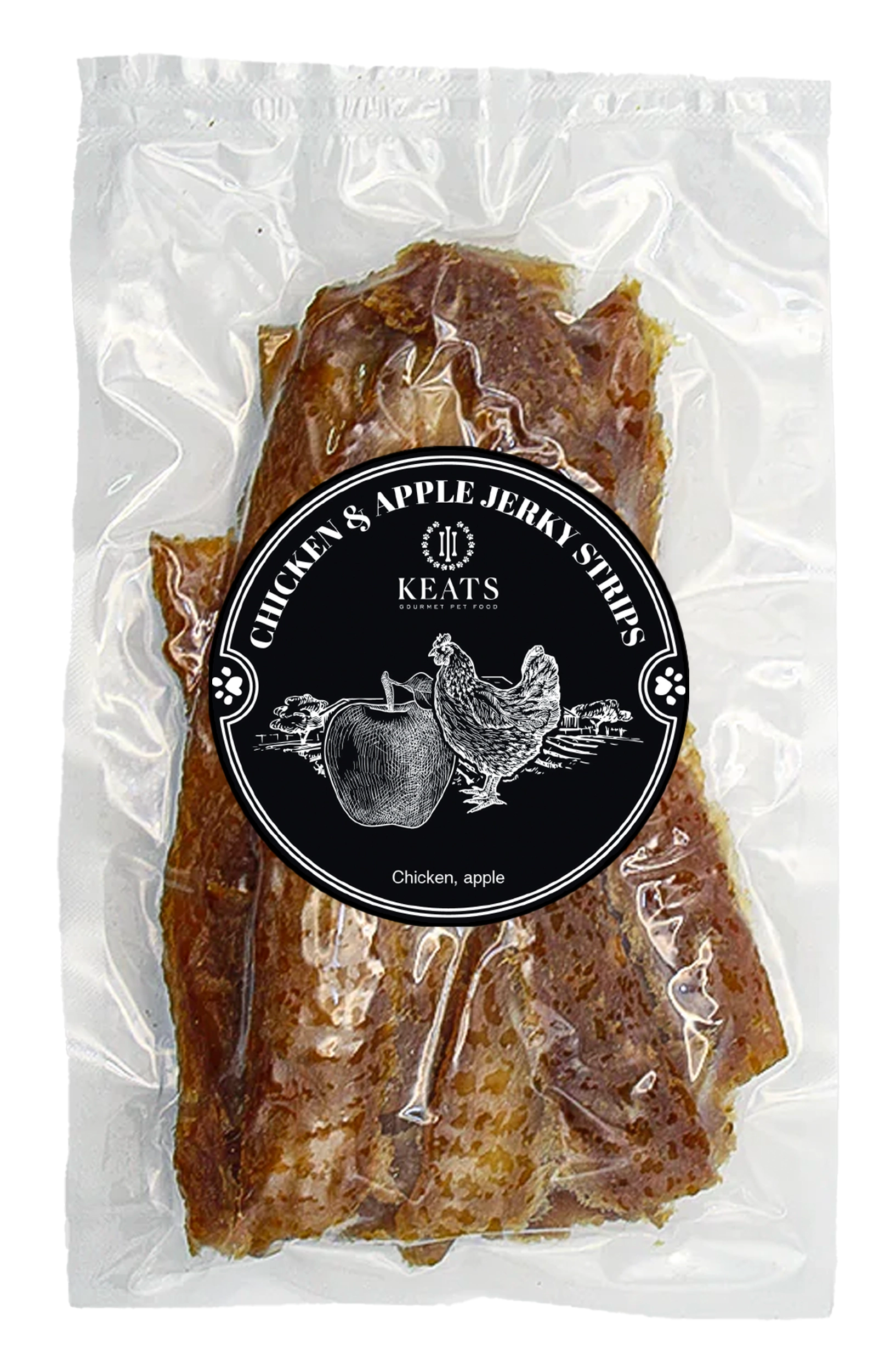 KEATS Gourmet Pet Food package with chicken and apple jerky strips on a white background