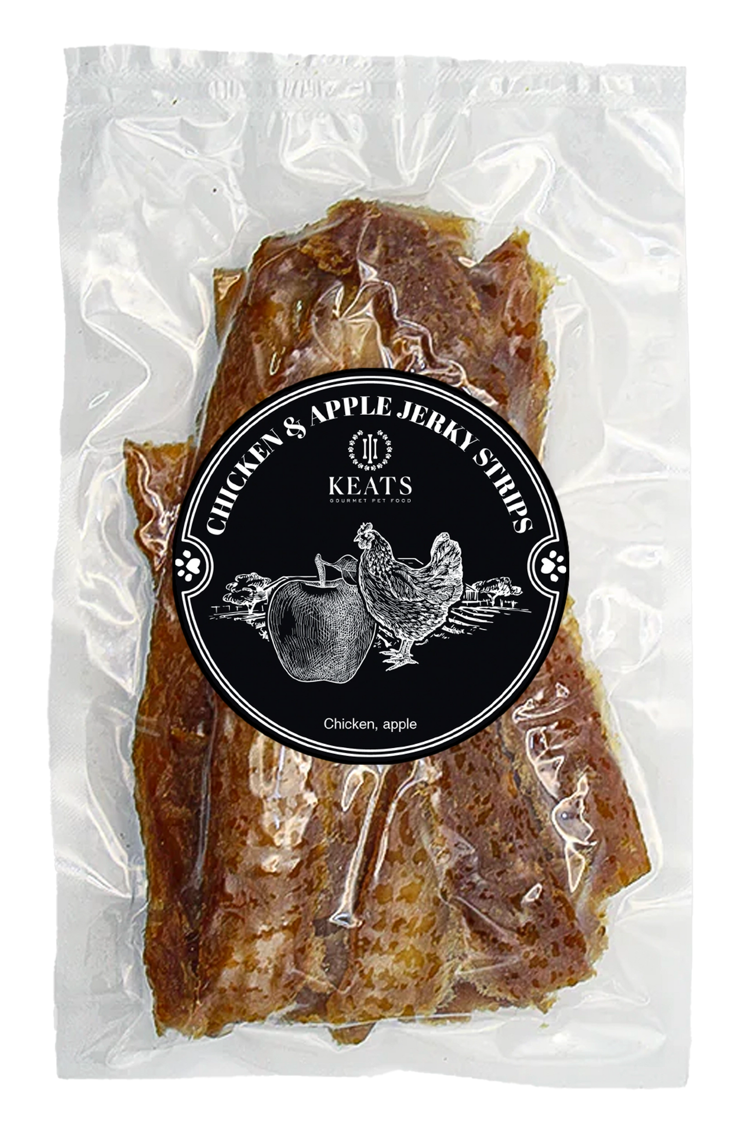 KEATS Gourmet Pet Food package with chicken and apple jerky strips on a white background