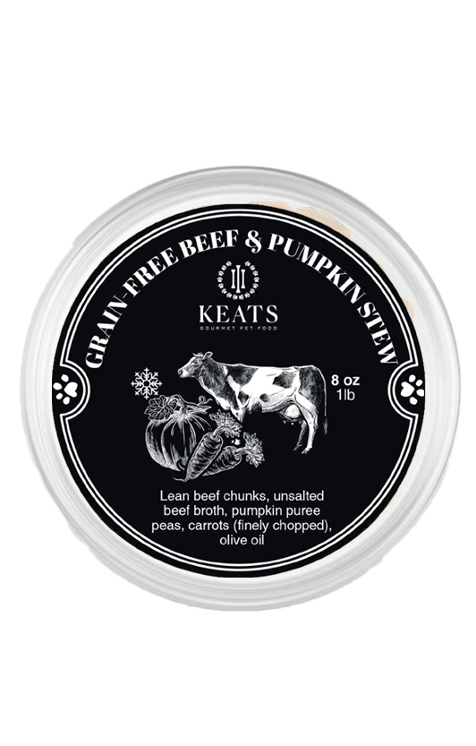 Pet food container labeled 'Grain Free Beef & Pumpkin Stew' by Keats on a white background