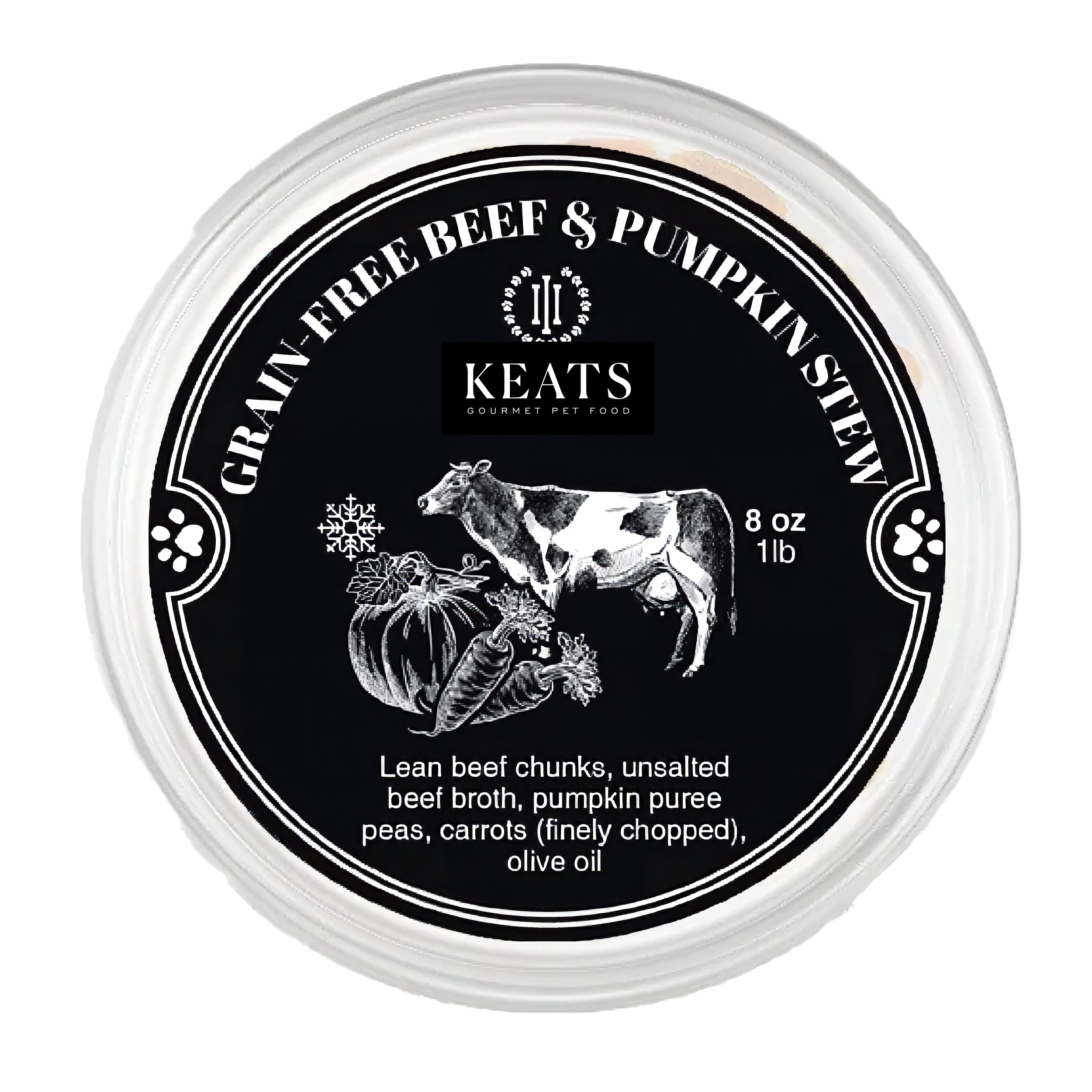 Keats grain-free beef and pumpkin stew pet food container on a white background