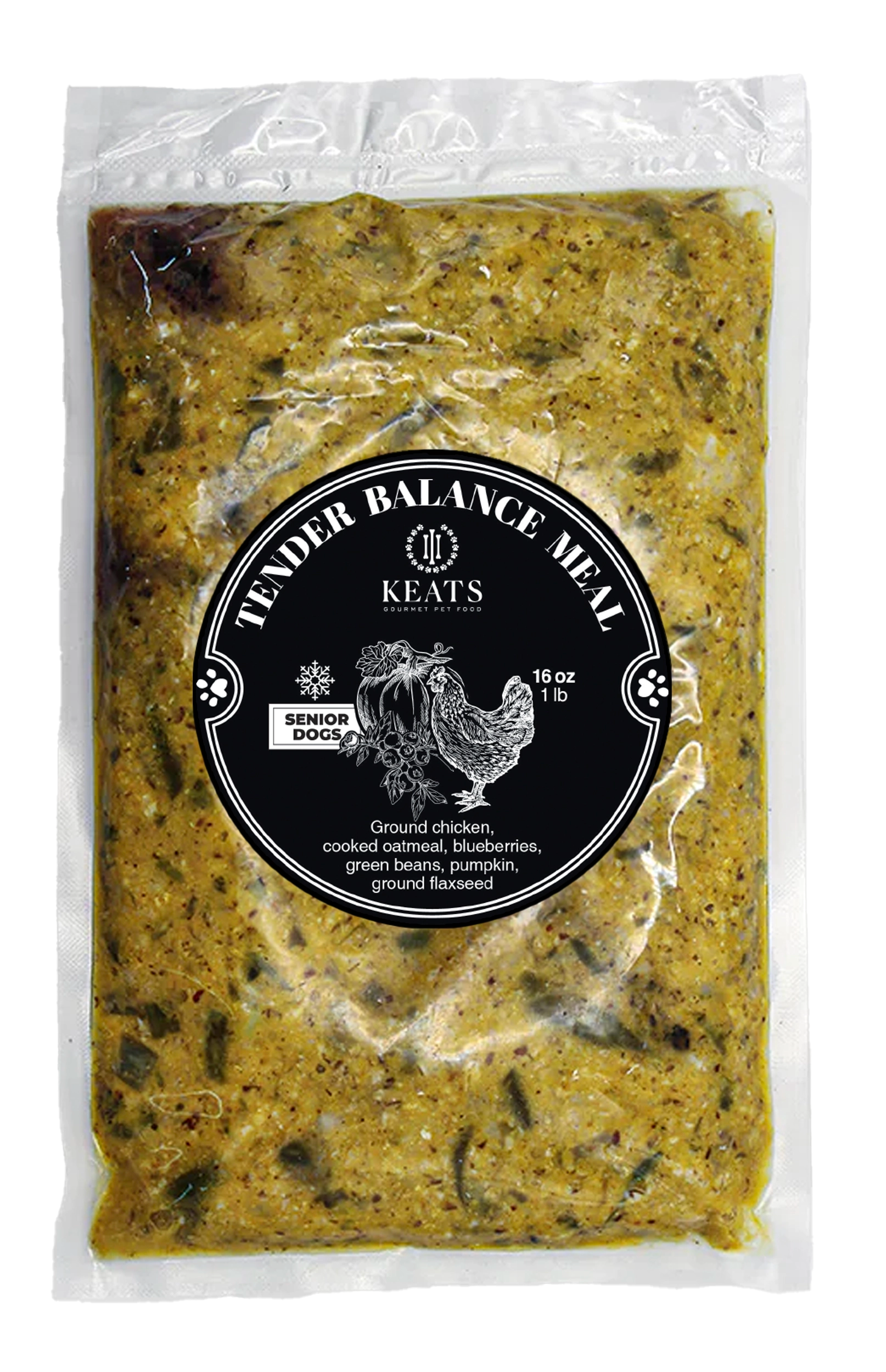 Package of Keats Gourmet Pet Food with a black label on a white background
