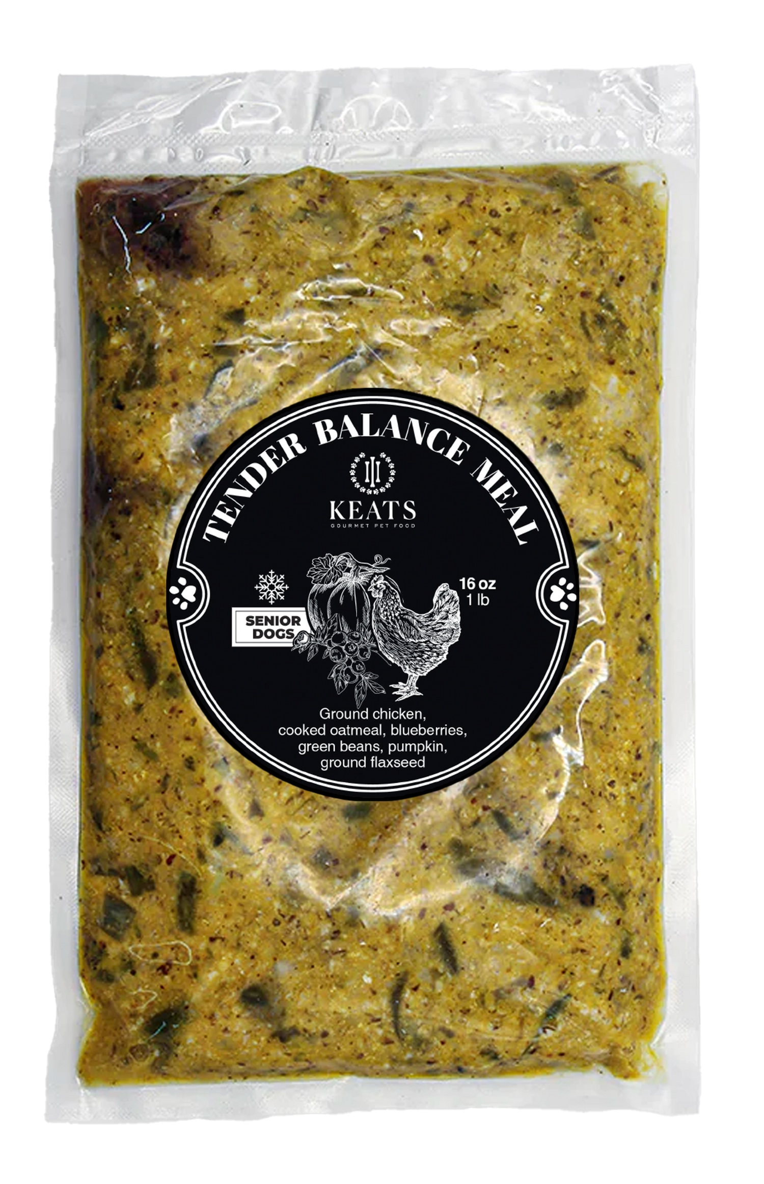 Package of Keats Gourmet Pet Food with a black label on a white background
