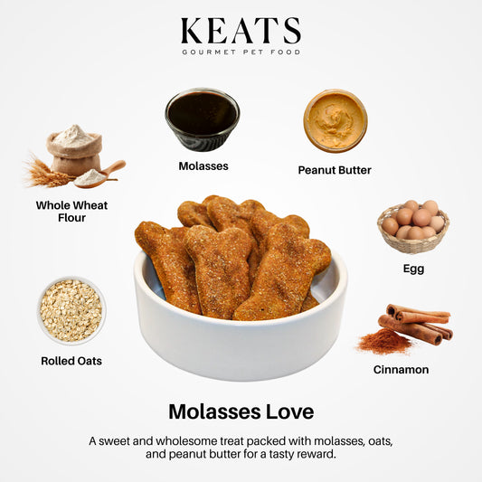 Gourmet pet food ingredients including molasses, peanut butter, whole wheat flour, rolled oats, egg, and cinnamon with KEATS branding.
