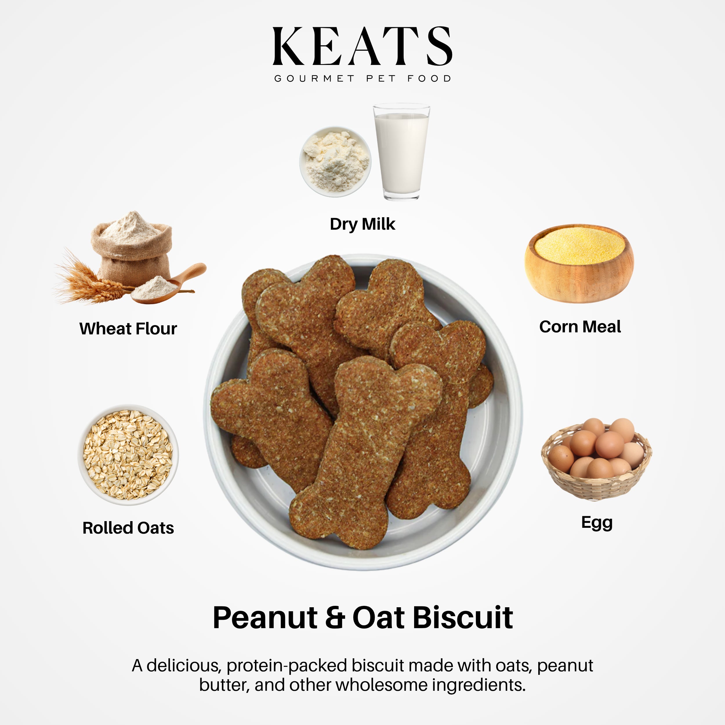 Peanut & Oat Biscuit with ingredients like dry milk, wheat flour, corn meal, rolled oats, egg, and a bowl of the biscuit.