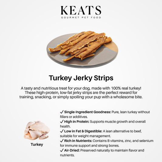 KEATS Turkey Jerky Strips on a plate with product description text.