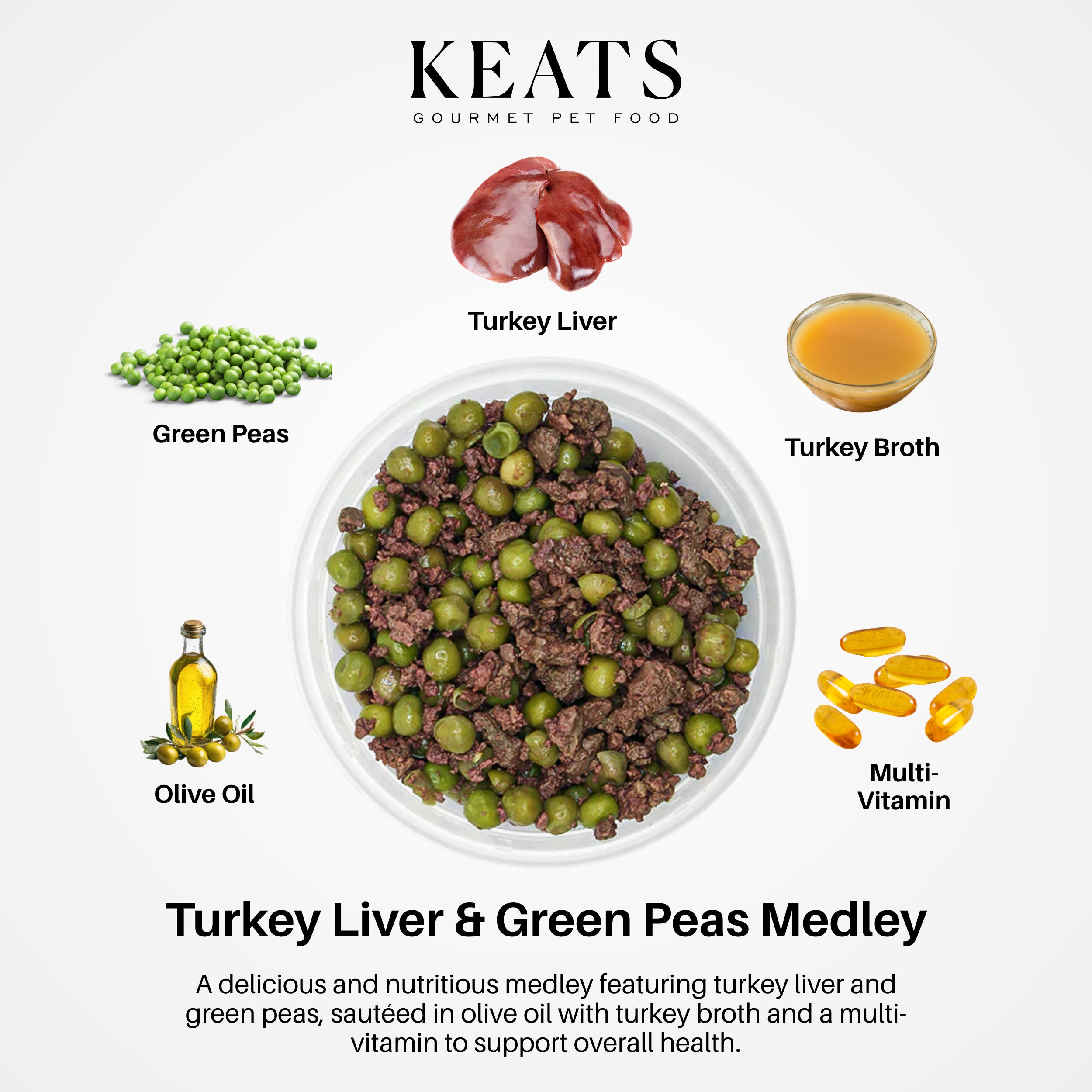 KEATS gourmet pet food medley with turkey liver, green peas, olive oil, turkey broth, and multi-vitamin on a white background.