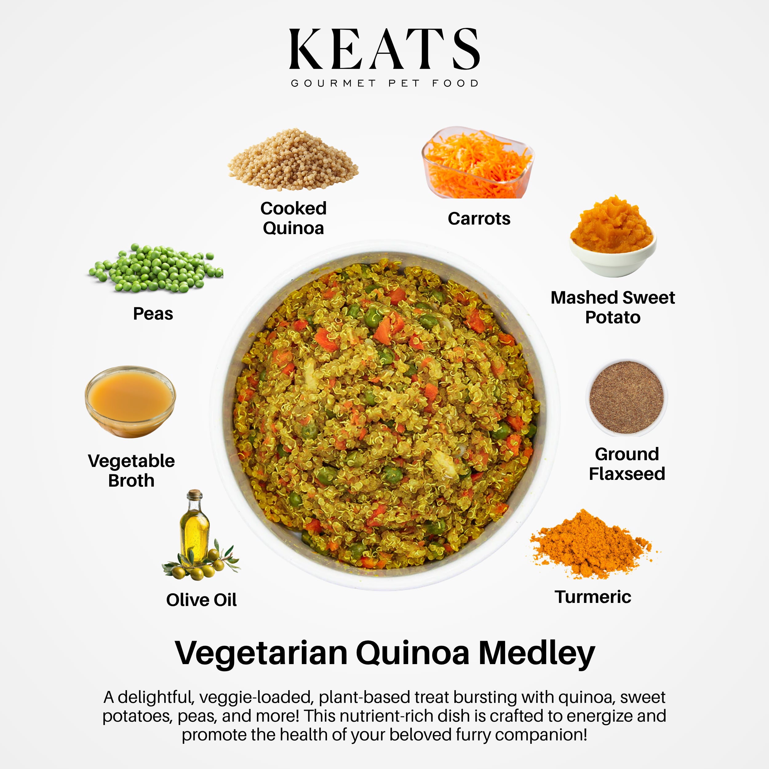 Keats Gourmet Pet Food Vegetarian Quinoa Medley with ingredients displayed on a white background