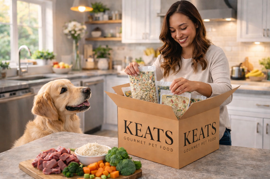 Woman opening a box of KEATS gourmet pet food in a kitchen with a dog watching.
