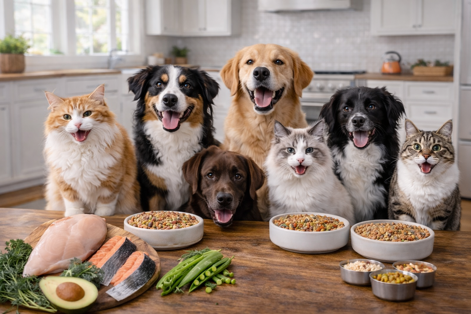 Group of dogs and cats sitting around a table with food and ingredients in a kitchen.