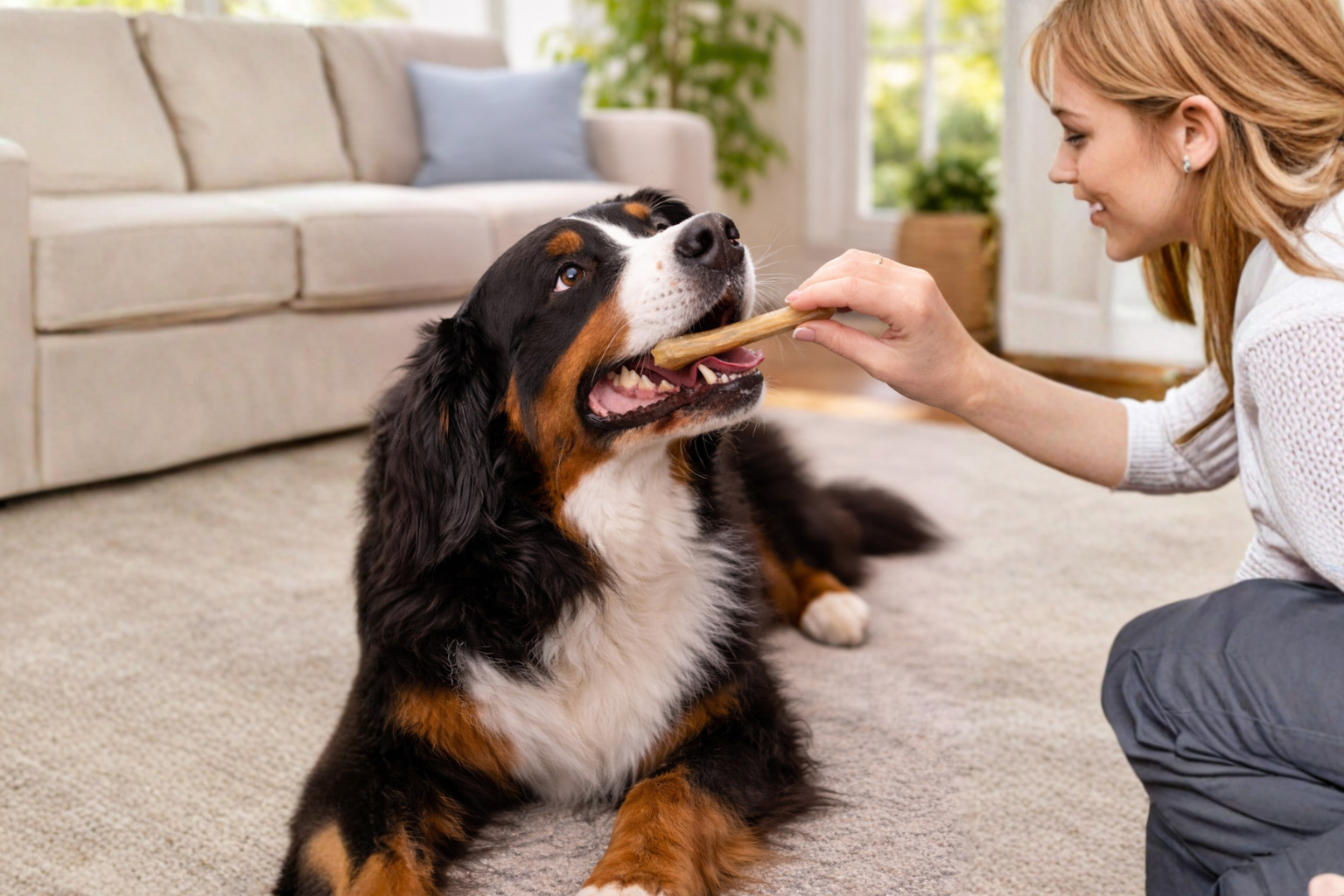 Woman feeding a dog a treat in a living room