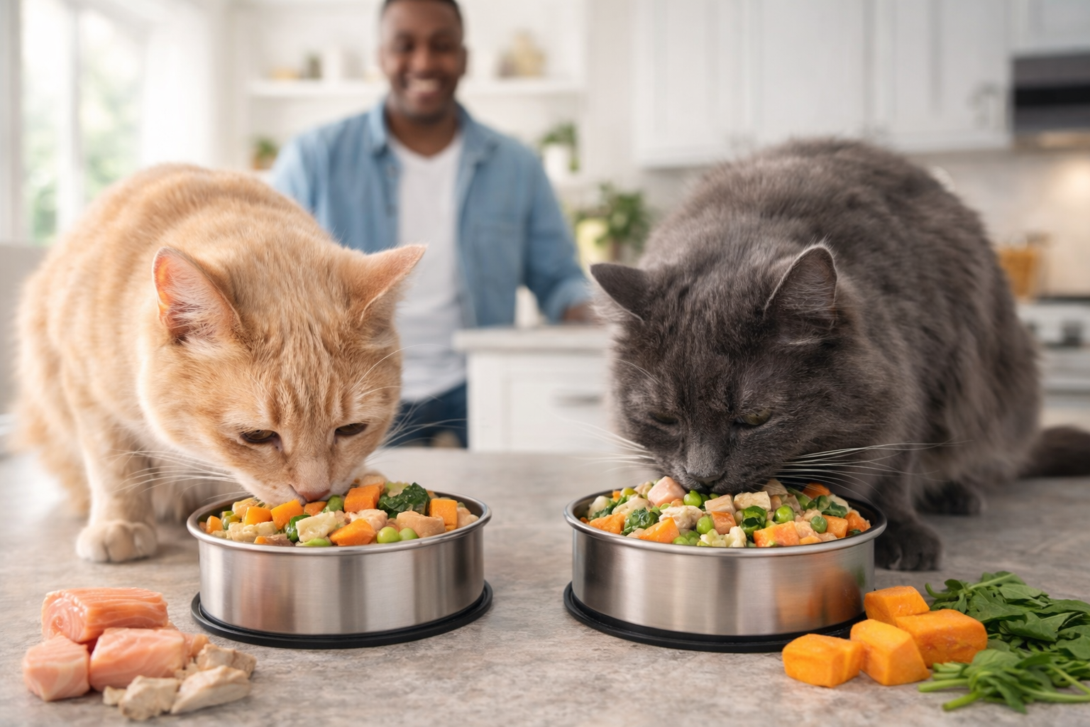 Two cats eating from metal bowls filled with food on a kitchen counter.