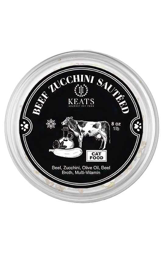 Keats cat food container labeled 'Beef Zucchini Sauteéed' on a white background