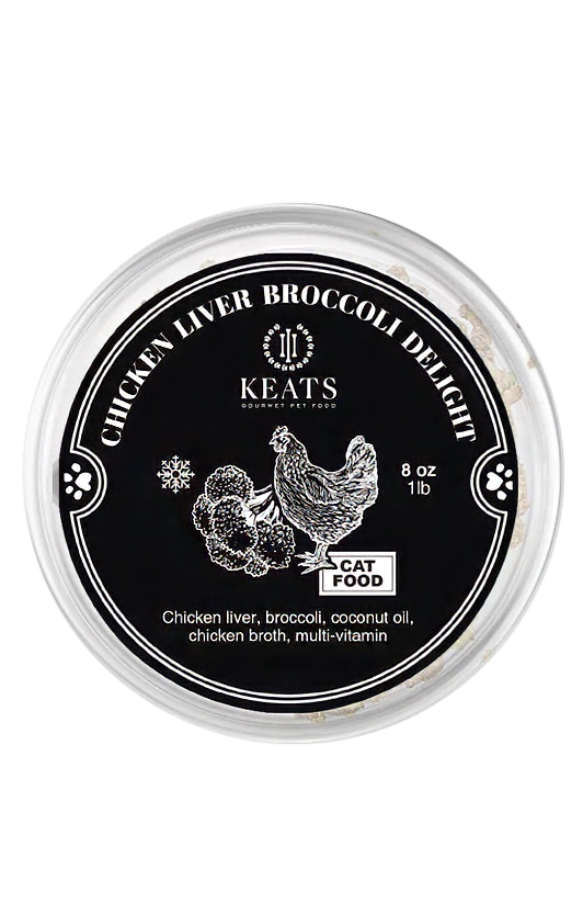 Keats Chicken Liver Broccoli Delight cat food container on a white background