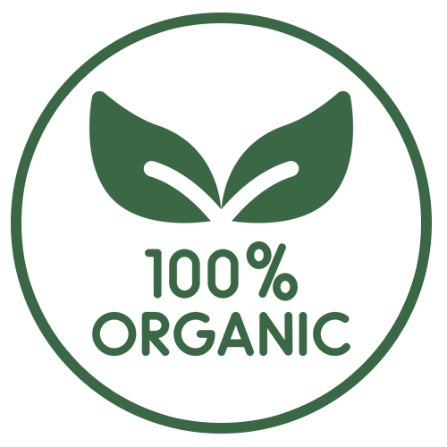 100% Organic logo with green leaves and text on a white background